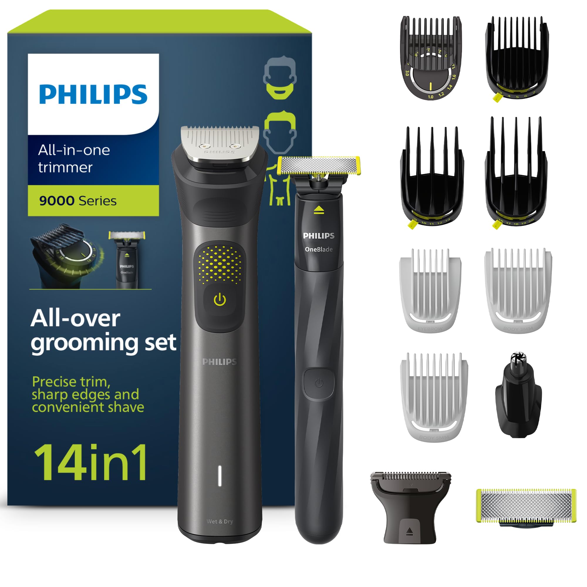 ماشین اصلاح ریش و موی فیلیپس سری 9000 مدل Multigroom، 14 کاره، دارای یک تیغه، 2 تیغه اصلی برای صورت، سر و بدن، 27 حالت تنظیم طول اصلاح (0.2-20 میلی‌متر) (مدل MG9550/15) قدیمی