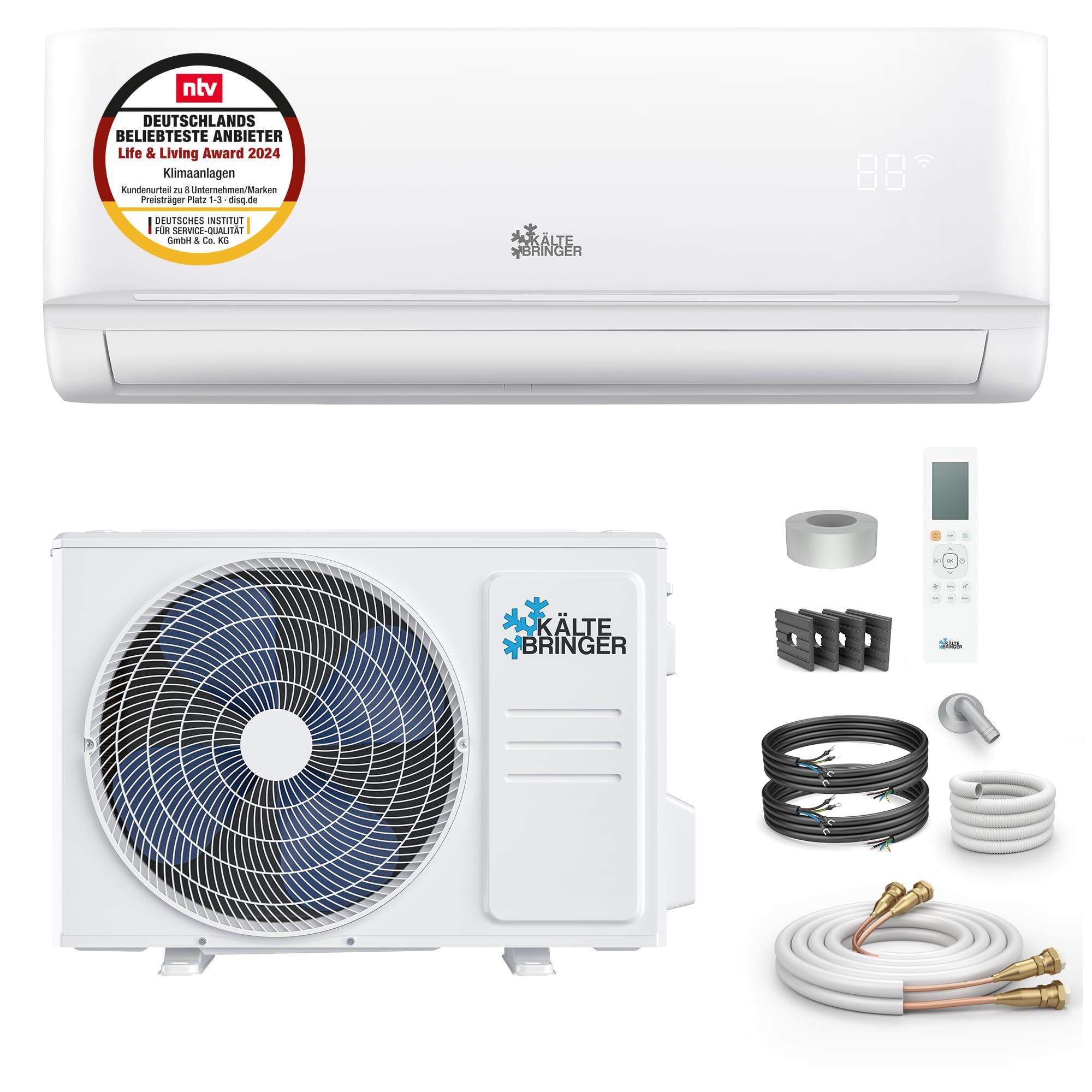 کولر گازی اسپلیت Kältebringer Quick Connect - 18000 BTU (5.3 kW) - تهویه مطبوع با عملکرد گرمایش، WiFi و برنامه، تا 91 متر مربع، بسیار بی صدا - لوله مسی 5 متر، مبرد R32، مواد نصب
