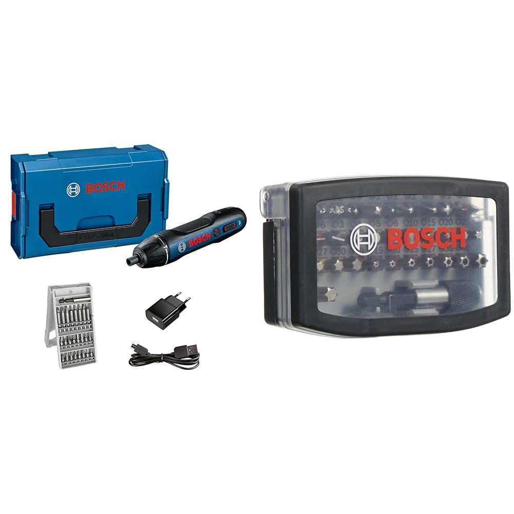 خرید از آمازون - Bosch Professional GO (شامل مجموعه بیت 25 تکه، کابل شارژ، L-BOXX Mini) + 32 قطعه. ست پیچ گوشتی بسیار سخت (Phillips، Pozidriv، Hex، T، TH، S-Bit، لوازم جانبی) نقره ای، 1/4 اینچ
