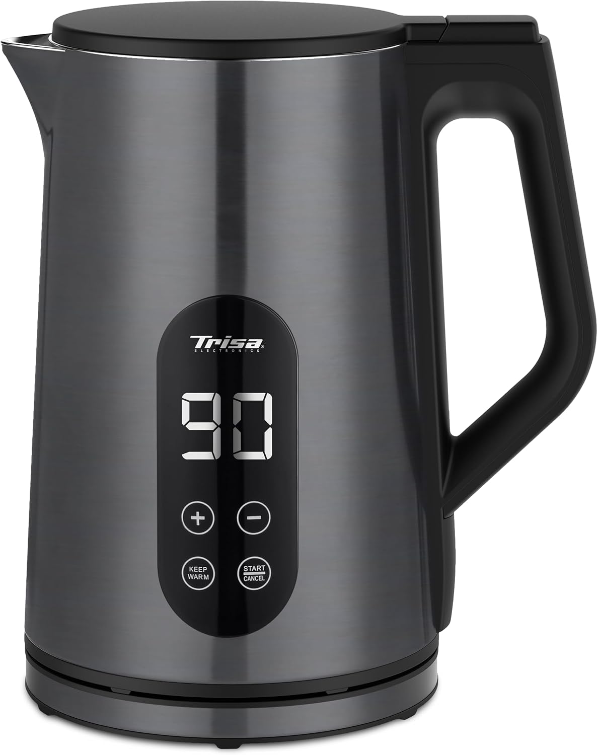 کتری برقی تریزا سوئیس ۱.۷ لیتری Trisa Wasserkocher 1.7 Liter آنتراسیت، استیل ضد زنگ، بدون BPA، صفحه نمایش بزرگ، ۴۰-۱۰۰ درجه سانتیگراد، گرم نگه داشتن، کنترل استریکس