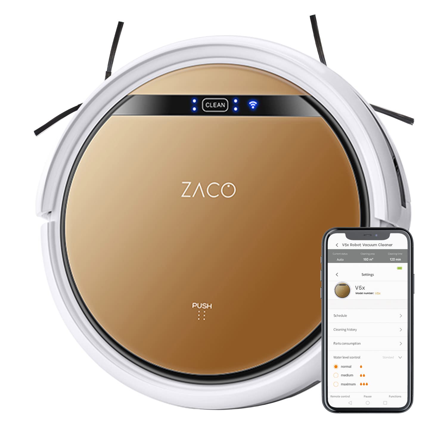 جارو رباتیک ZACO V5x با عملکرد پاک کردن، برنامه و کنترل الکسا، 8.1 سانتی متر تخت، ربات خودکار، تمیز کردن یا جاروبرقی 2 در 1، برای کف های سخت، حفاظت از سقوط، با ایستگاه شارژ، با WiFi، 22 وات، 65 دسی بل