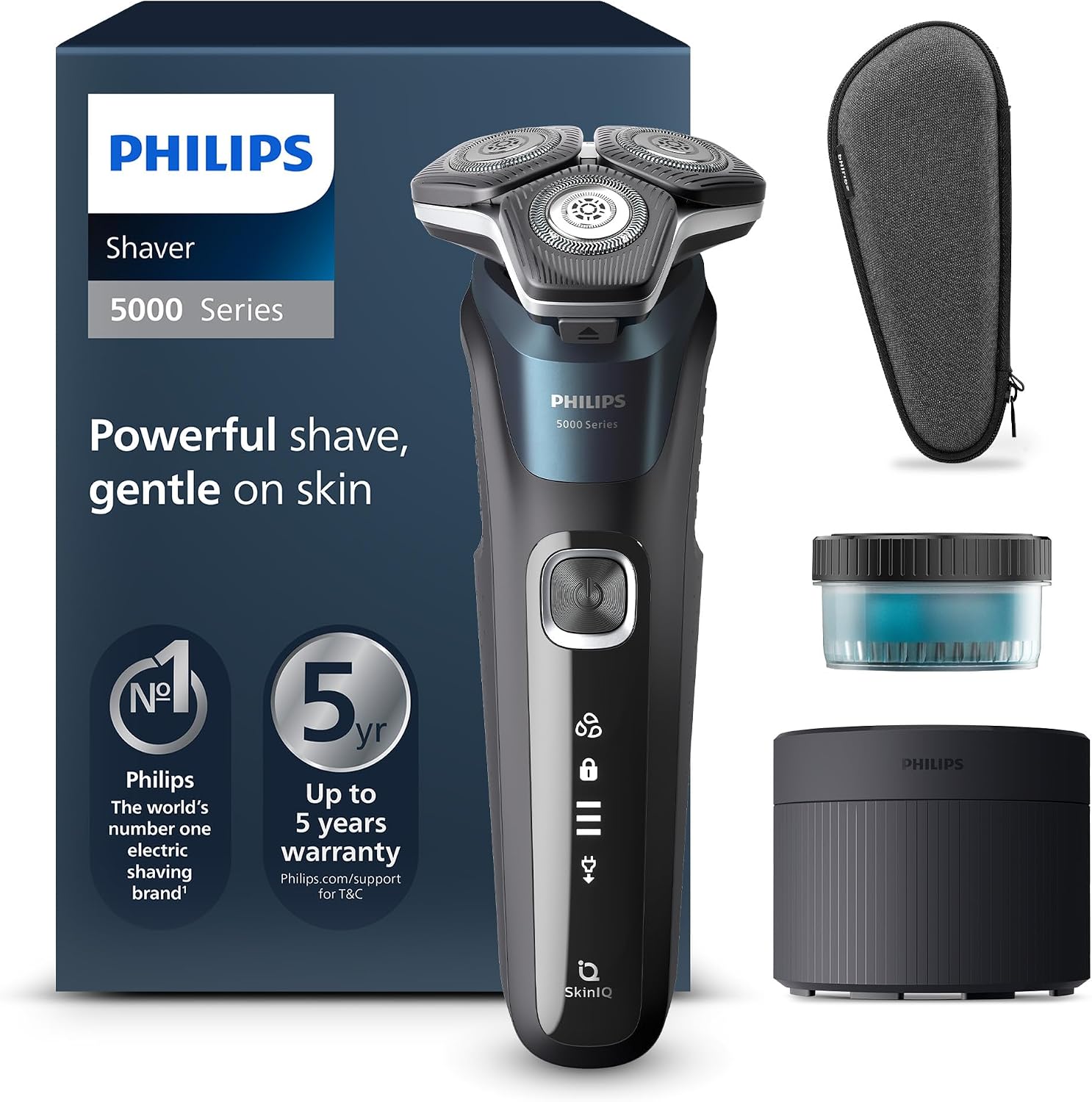ریش تراش فیلیپس (مدل S5889/50) سری 5000 ریش تراش برقی مرطوب و خشک با فناوری SkinIQ، ماشین اصلاح تاشو، کیسه حمل و نقل، ایستگاه تمیز کردن، آبی برقی شامل کارتریج تمیز کردن و کیف مسافرتی