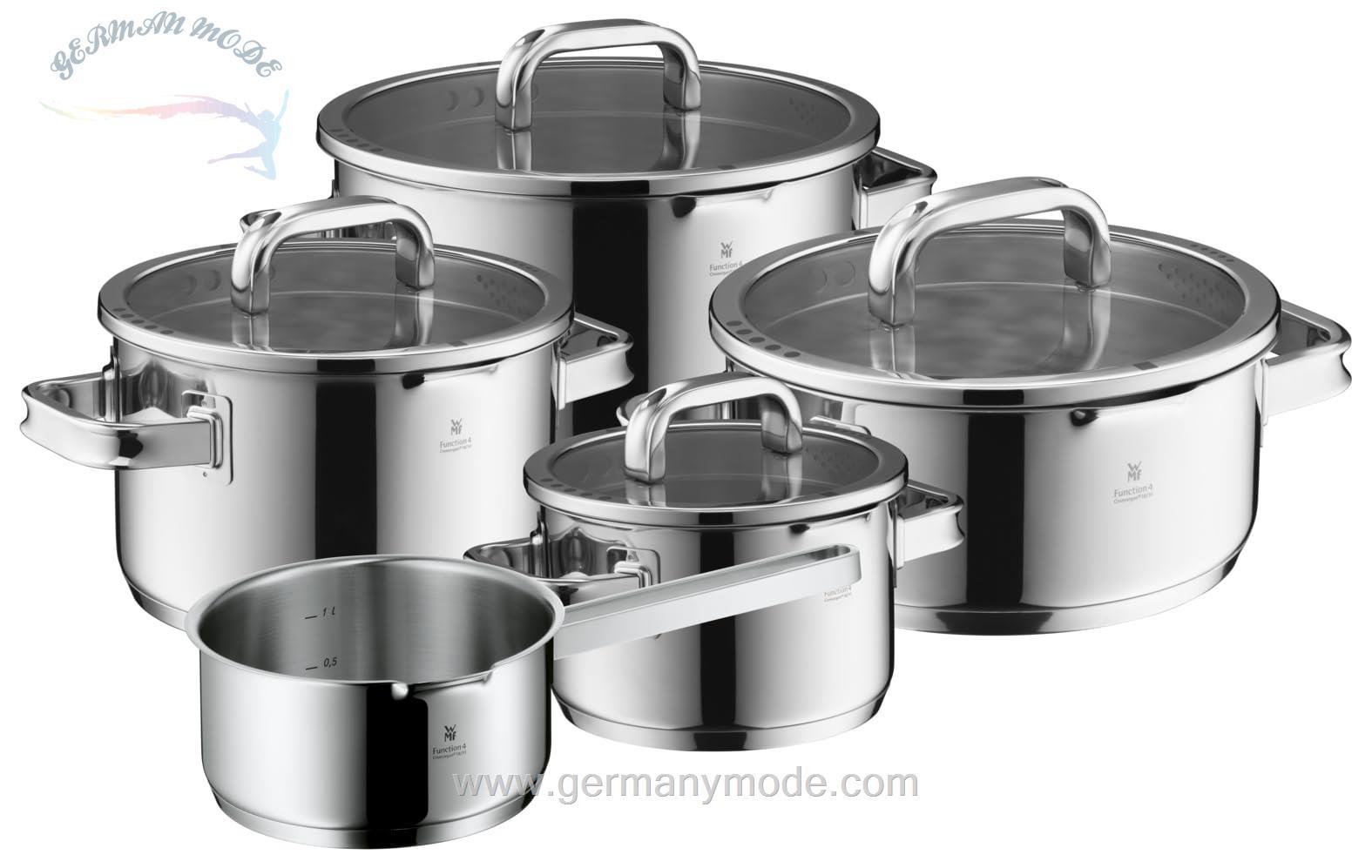 ست قابلمه 5 پارچه وی ام اف آلمان WMF Function 4 ست پیشرفته قابلمه القایی 5 تکه، درب شیشه ای با 4 کارکرد ریختن، فولاد ضد زنگ صیقلی کرومارگان، قابلمه های القایی، جرم گیری داخلی، نقره ای