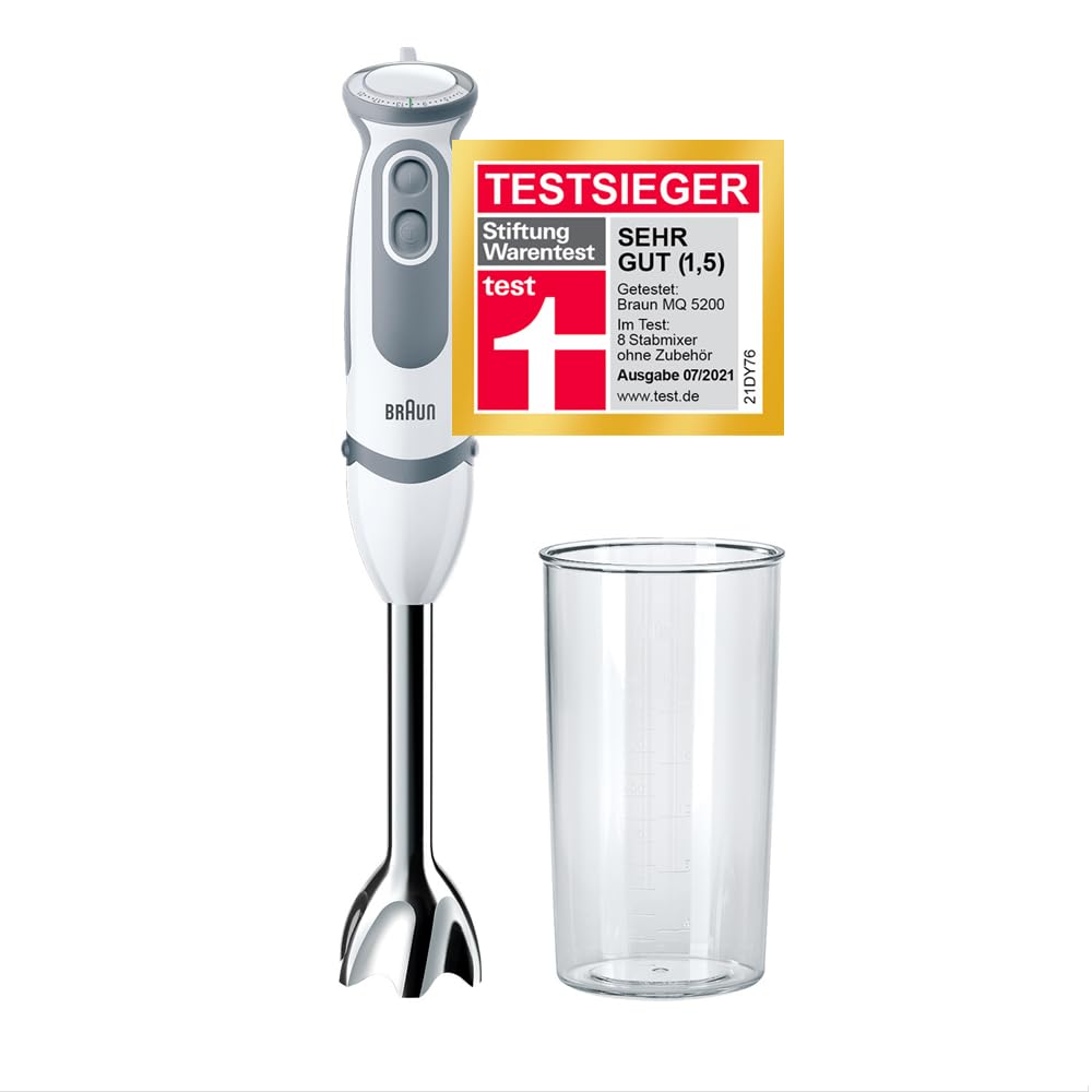 مخلوط کن دستی Braun MQ 5200WH - مخلوط کن دستی MultiQuick 5 با پایه بلندر از جنس استنلس استیل، 1000 وات، شامل 600 میلی لیتر مخلوط کن و اندازه گیری، سفید/خاکستری