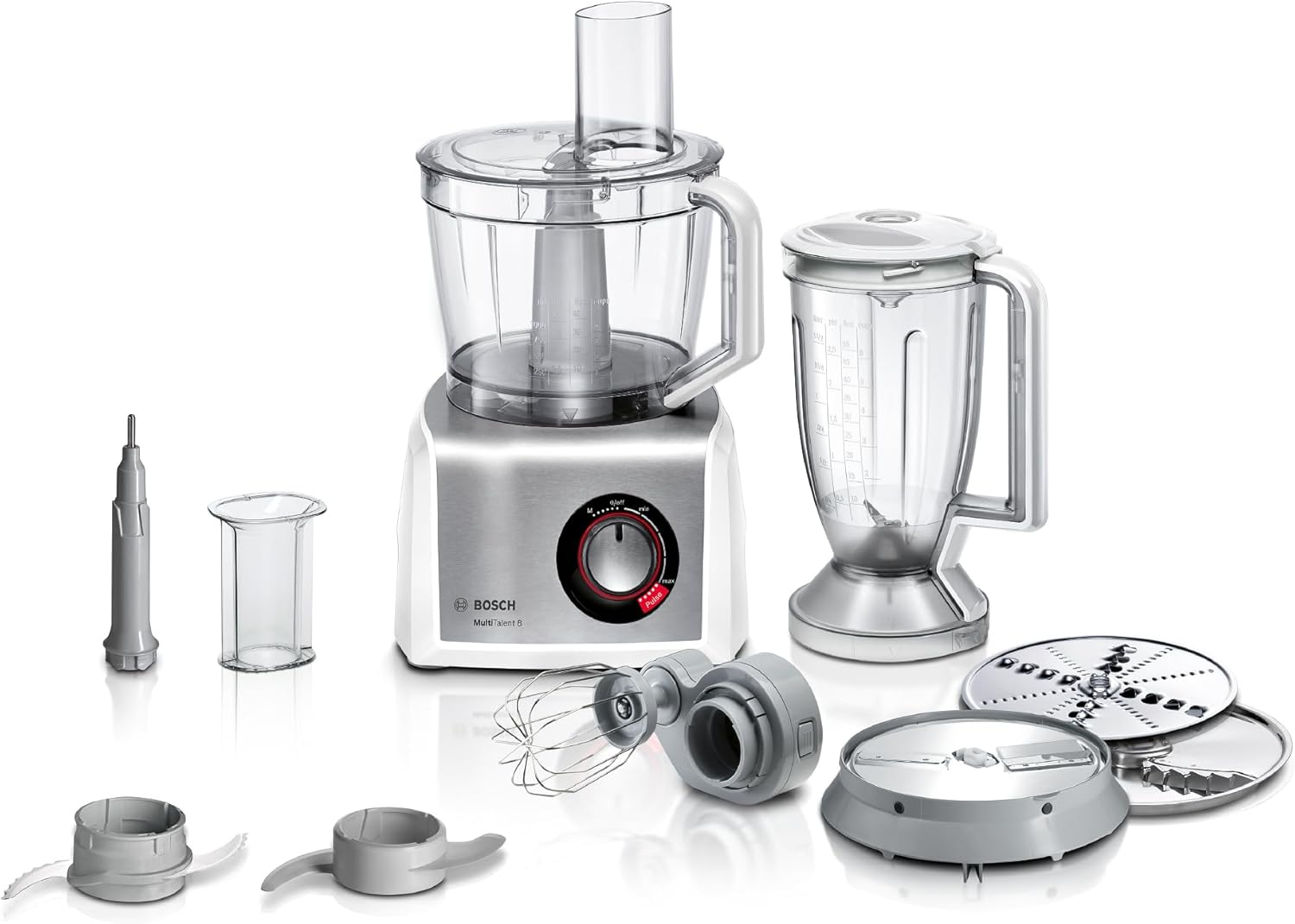 غذا ساز فشرده بوش آلمان Bosch MC812S814 ، کاسه همزن XXL (3.9 لیتر)، مخلوط کن (1.5 لیتر)، تیغه جهانی، همزن، برش و رنده (ریز، درشت)، 1250 وات، سفید/فولاد ضد زنگ