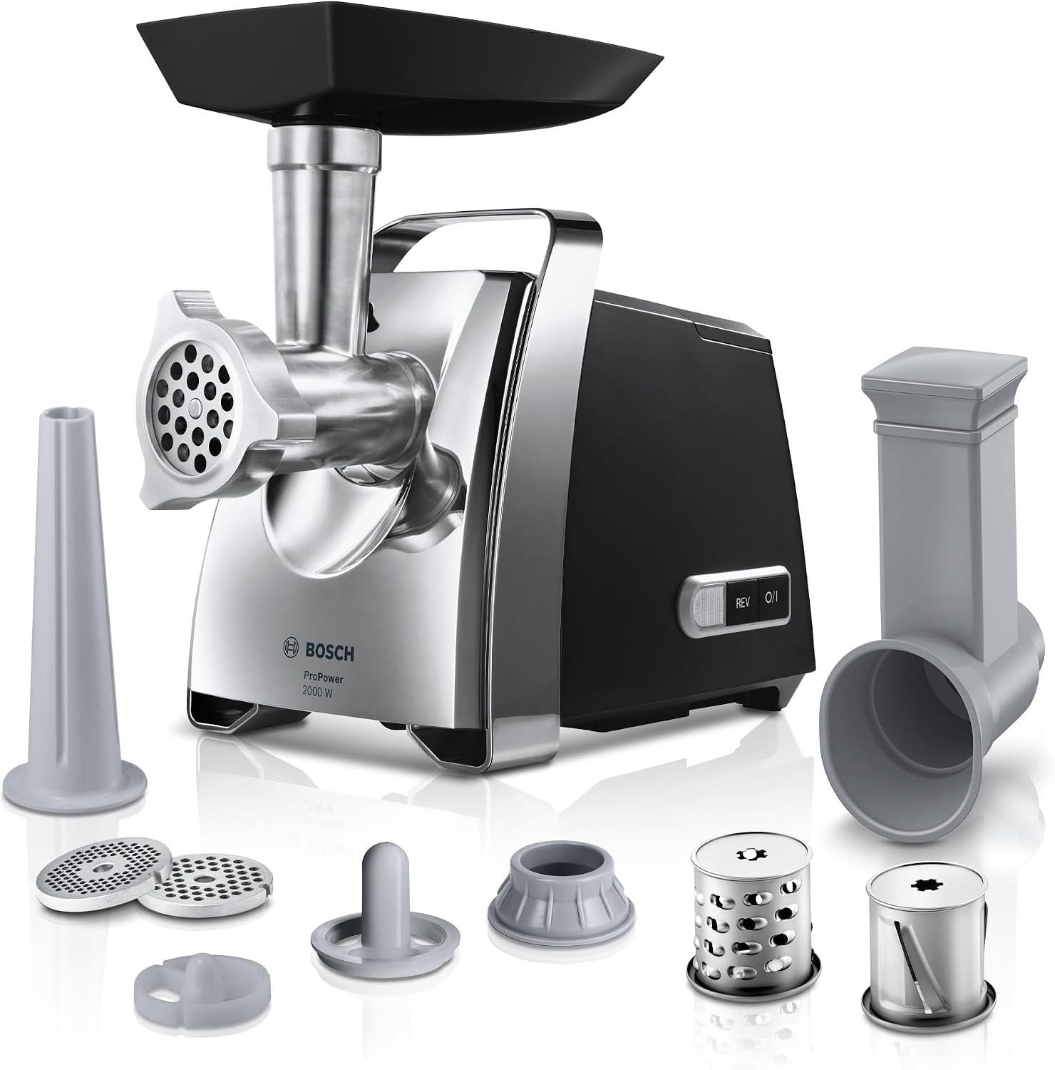 چرخ گوشت بوش آلمان Bosch MFW67440، اتصال سوسیس، 3 دیسک سوراخ دار فولادی ضد زنگ (3، 4، 8 + 8 میلی متر)، فشار دهنده، اتصال Kebbe، برش پیوسته، قدرت انسداد 2000 وات، 700 وات