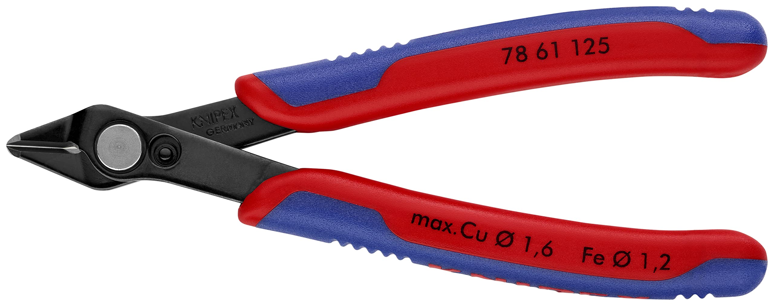 خرید از آمازون - KNIPEX Electronic Super Knips، برش های جانبی الکترونیکی برای سیم های نرم و کابل های فیبر نوری، محافظت در برابر زنگ زدگی، 125 میلی متر 78 61 125 با آستین های چند جزیی، رنگ قرمز/آبی 125 میلی متری، مناسب برای کابل های فیبر نوری بسته بندی استاندارد
