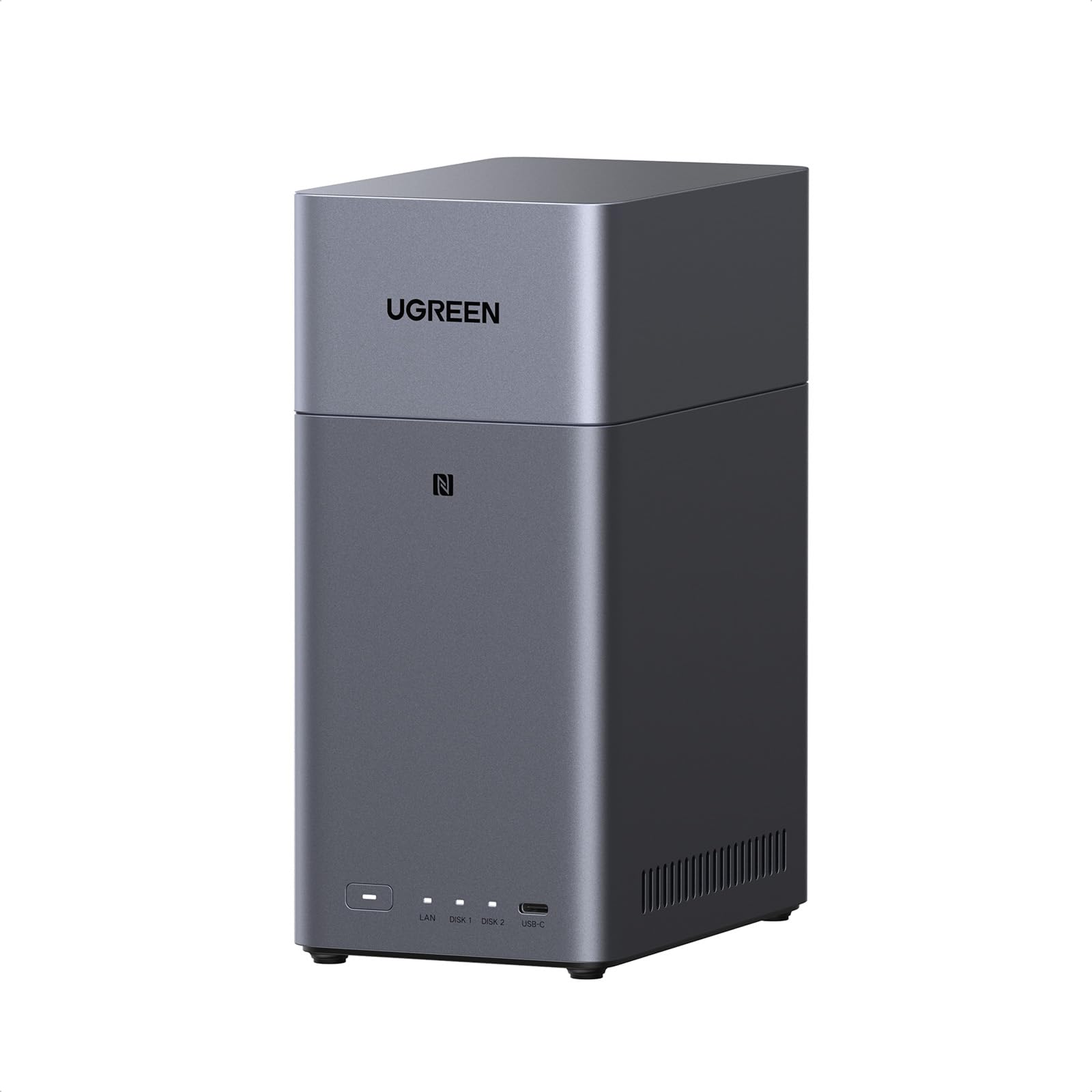 NAS رومیزی UGREEN NASync DH2300 دو محفظه‌ای، قابلیت اتصال NFC، آلبوم عکس هوش مصنوعی، کتابخانه ویدیوی شخصی 4K، سیستم NAS رده پایین، سرور NAS خانگی با شبکه 1GbE و 4 گیگابایت رم (بدون دیسک)