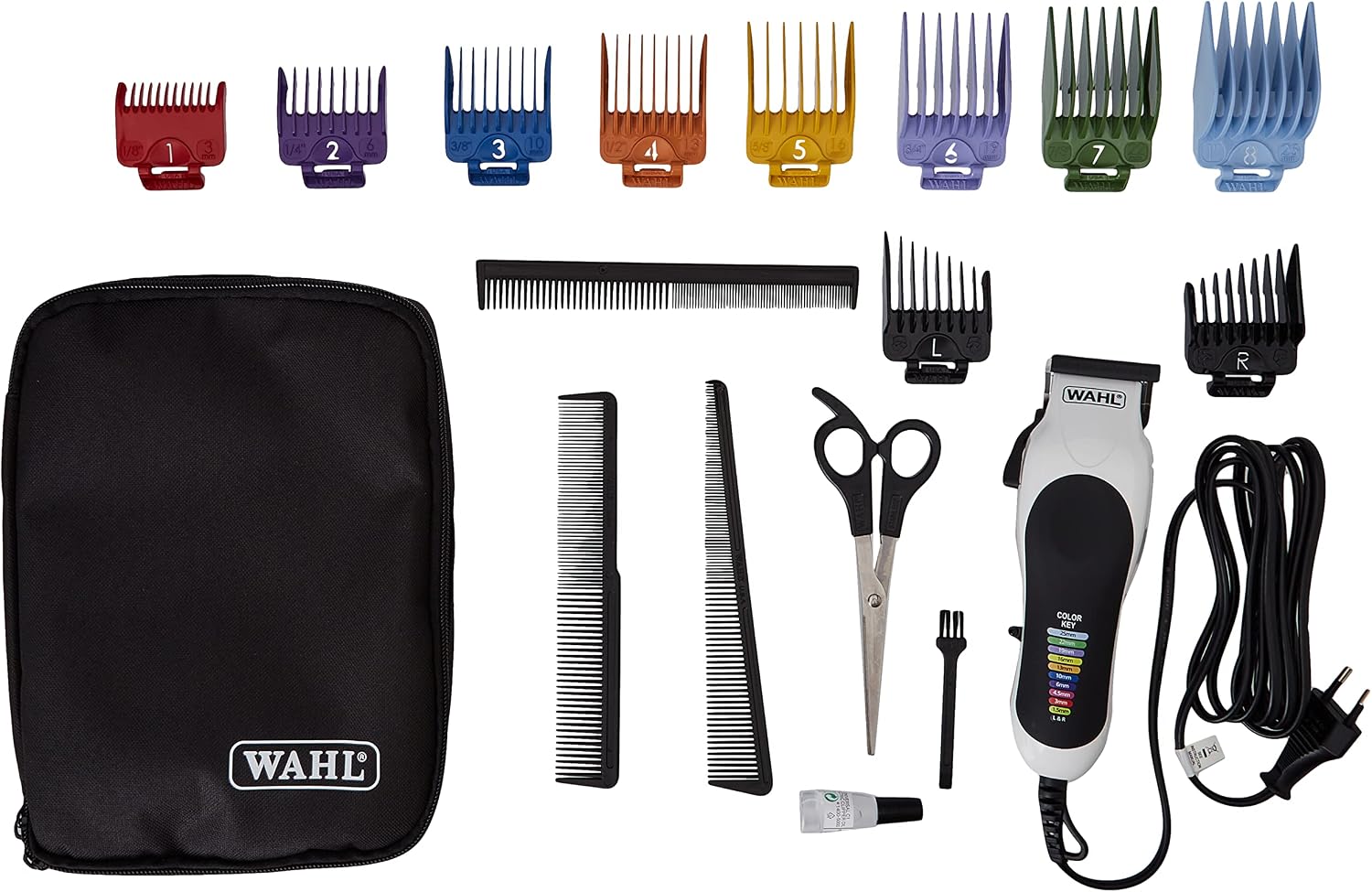 ماشین اصلاح موی سر و ریش تراش صورت برقی وال آمریکا موبر مردانه WAHL Color Pro با کابل، گیره، همراه با لوازم جانبی در چمدان دستی. 10 شانه راهنمای رنگارنگ. ایده آل برای تمام خانواده. کیت با قیچی و شانه.