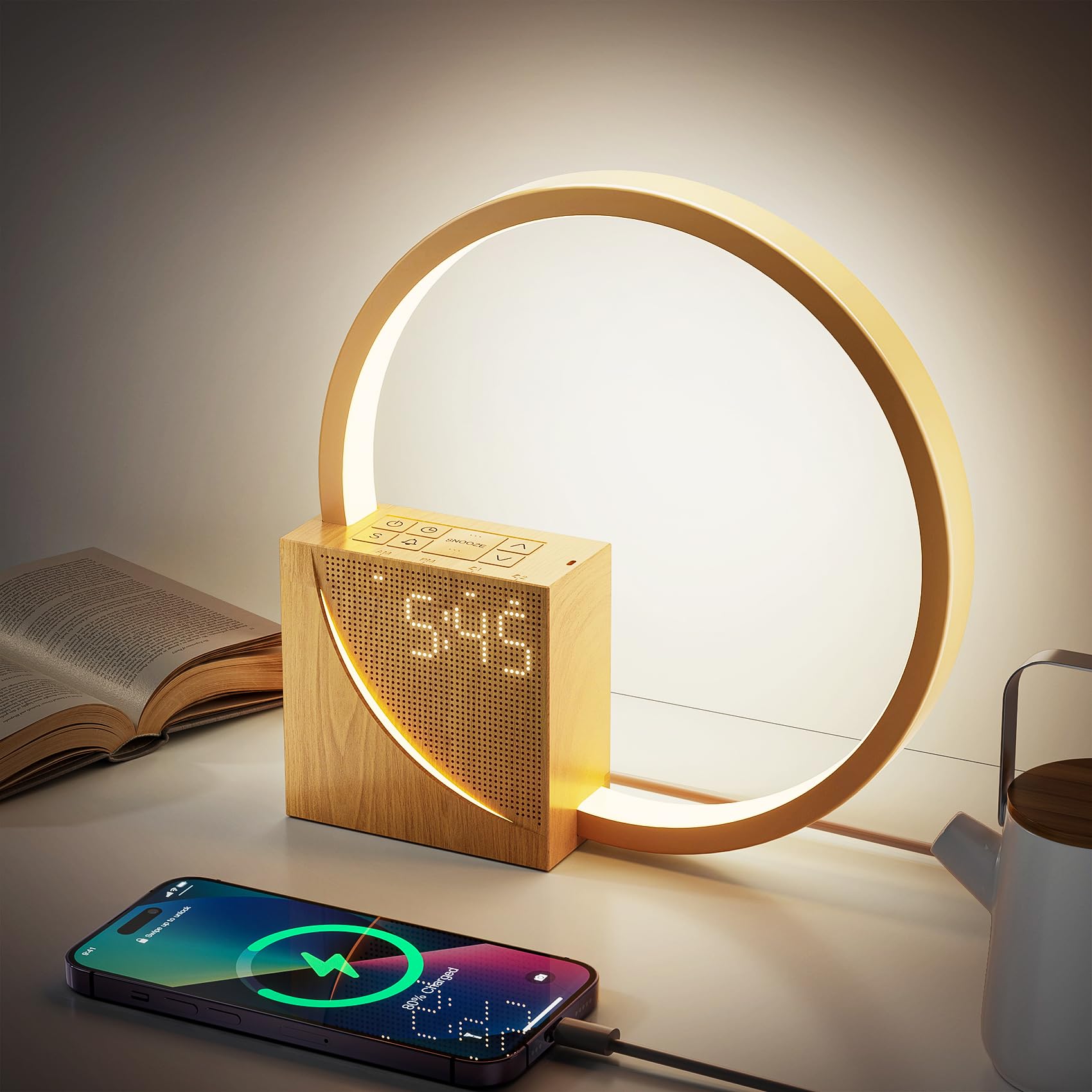 خرید از آمازون - چراغ خواب LED با ساعت زنگ دار، پورت شارژ USB، قابلیت کاهش نور لمسی، نور بیدار با دو زنگ هشدار، 10 صدای طبیعی برای بزرگسالان و کودکان، 3 سطح روشنایی برای اتاق خواب، اتاق نشیمن، دفتر کار