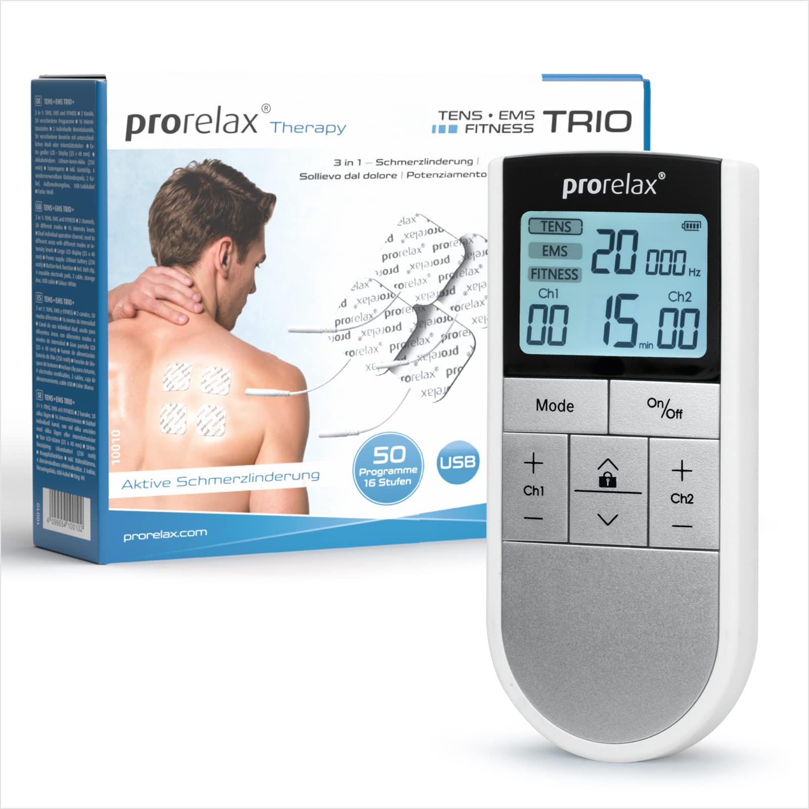 خرید از آمازون - prorelax TENS/EMS Trio | دستگاه تحریک الکتریکی | 3 درمان - TENS، EMS، FITNESS | برای آرامش، عضله سازی، تسکین درد | 50 برنامه | 16 سطح شدت