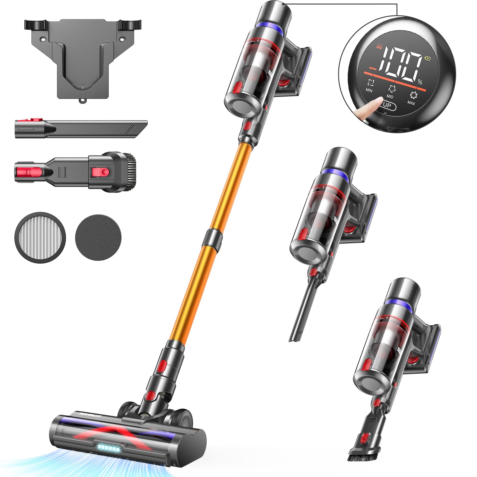 جارو شارژی GOLDEGGS 45000Pa/550W، جاروبرقی بی سیم تا 60 دقیقه کارکرد، باتری جاروبرقی با صفحه نمایش لمسی هوشمند و برس ضد گره خوردگی، جارو شارژی 1.5 لیتری برای کف/فرش های سخت