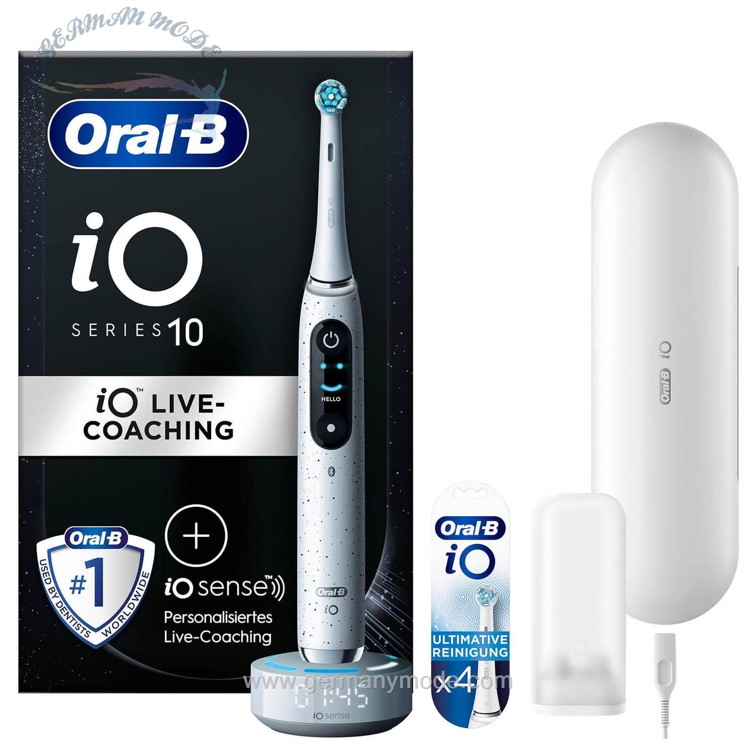 مسواک برقی اورال بی آمریکا Oral-B iO Series 10 Elektrische Zahnbürste, Lade-Reiseetui, Stardust White Aufsteckbürsten iO Strahlendes Weiß, 4 Stück