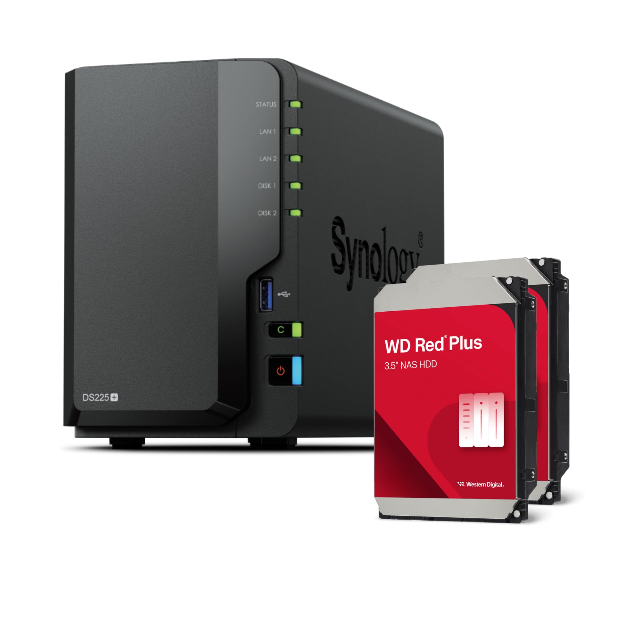 بسته Synology DS225+، هارد دیسک 24 ترابایتی وسترن دیجیتال (WD Red Plus 2x12TB) سری 2-Bay Plus - رم Intel Celeron J4125 Quad-Core، 2 گیگابایت Non-ECC DDR4 SODIMM، 1 پورت LAN 2.5 GbE و 1 پورت LAN 1 GbE RJ-45