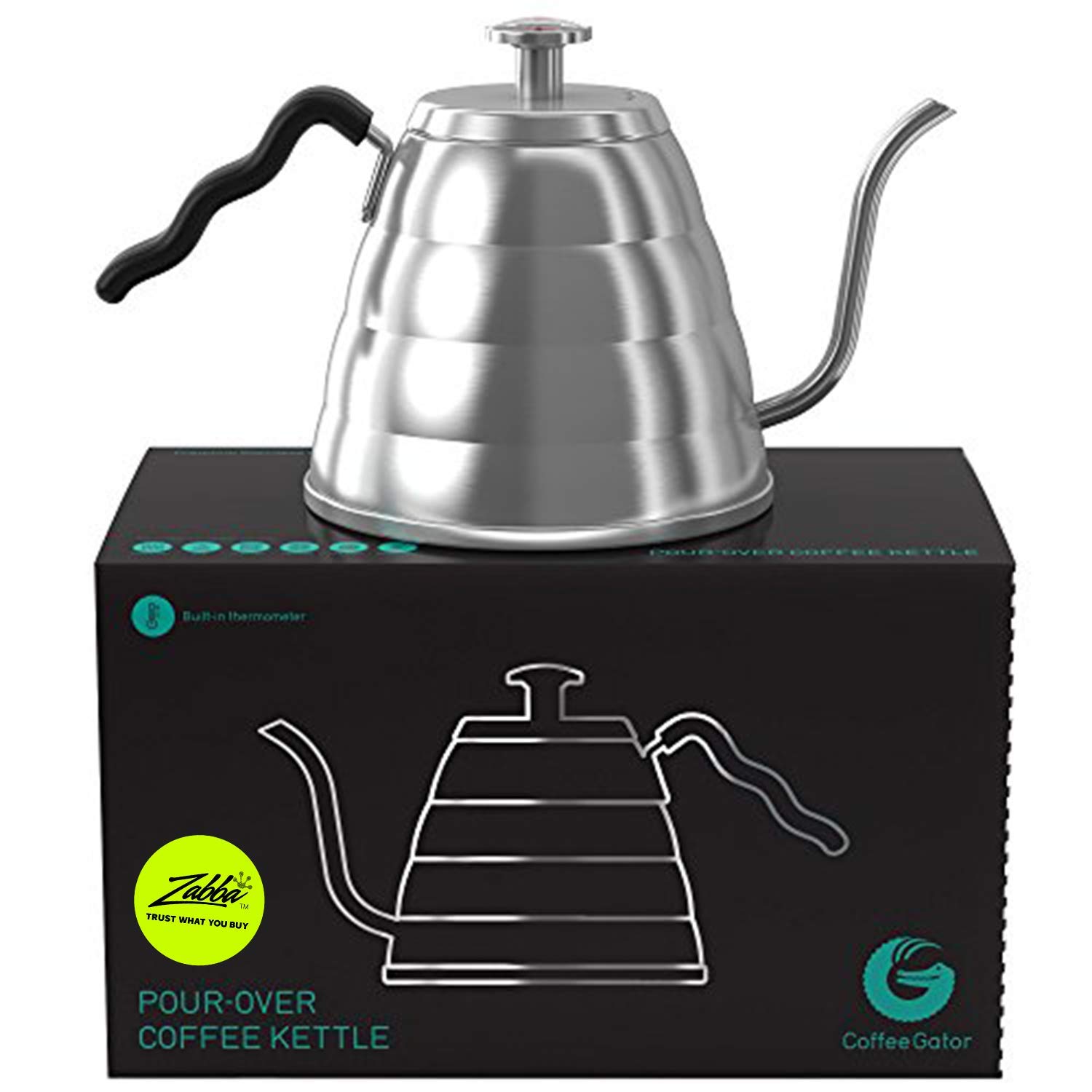 کتری برقی گردن غازی Coffee Gator Gooseneck با دماسنج، 1 لیتری استیل ضد زنگ، اجاق گاز، کتری مرغوب برای چای و قهوه با دهانه قطره ای دقیق، 4 فنجان