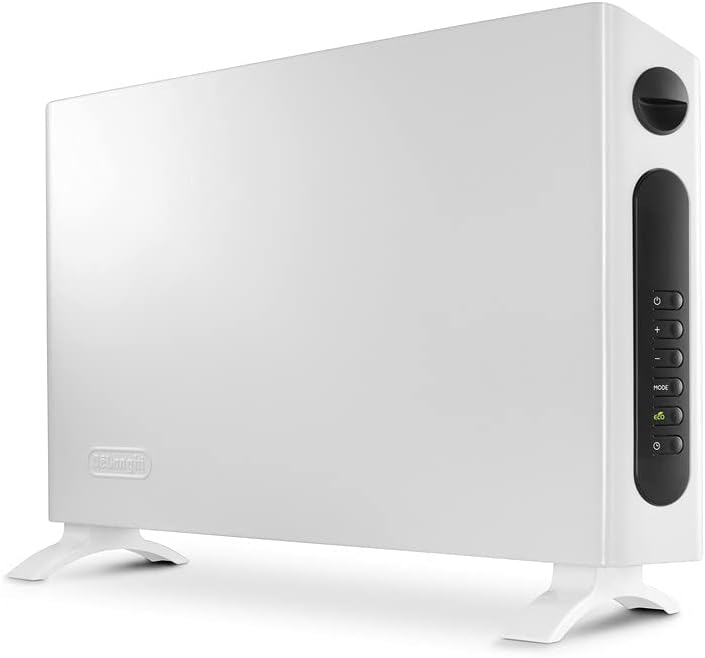 بخاری برقی دلونگی ایتالیا DeLonghi Convector HSX Slim Style HSX4320E - بخاری فن دار با 3 سطح گرمایش برای گرمایش سریع، ترموستات دیجیتال برای کنترل دما، تایمر 24 ساعته، دستگیره های حمل، عملکرد محافظت در برابر یخ زدگی، 2400 وات، سفید