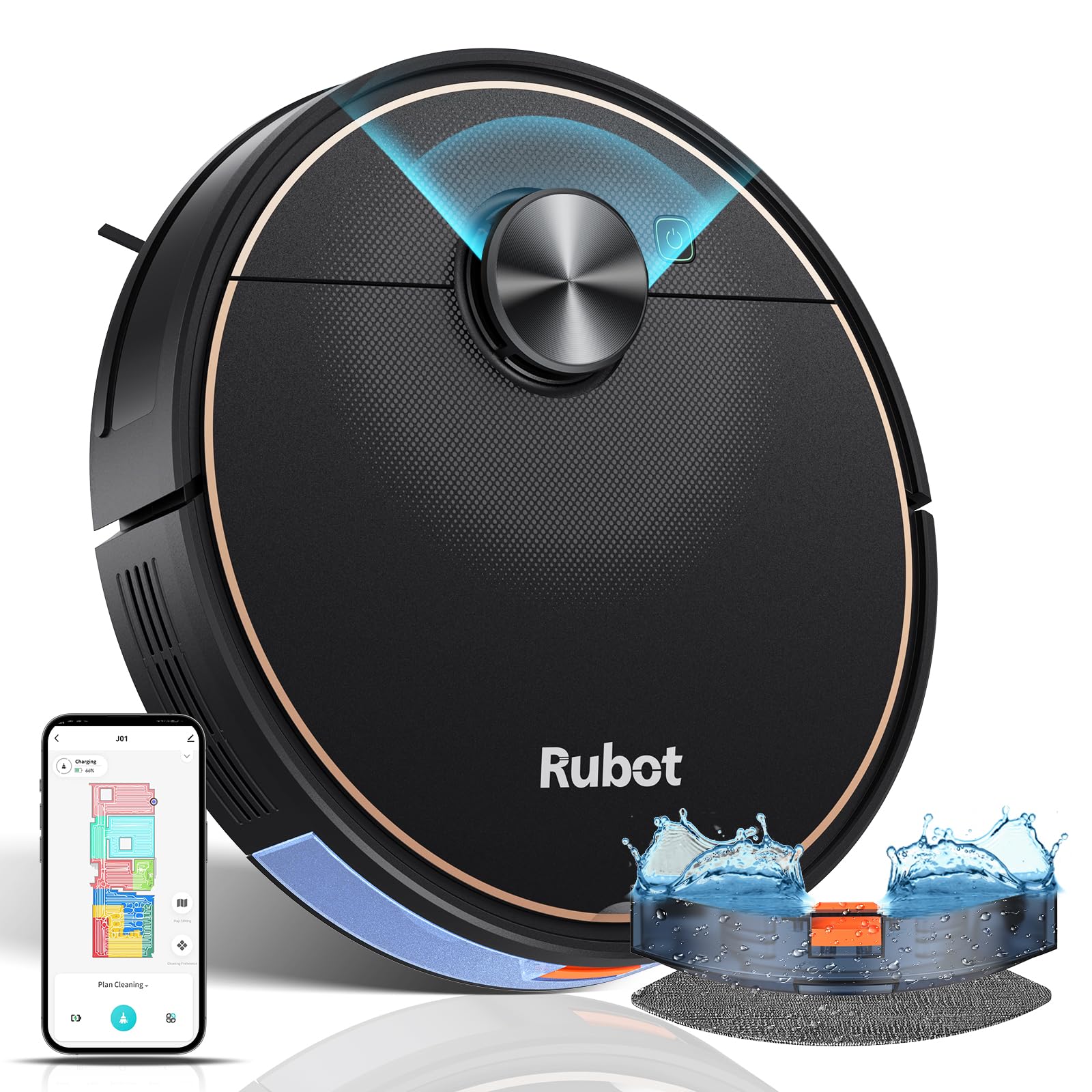 جارو رباتیک ربات جارو برقی RUBOT، ربات جاروبرقی با عملکرد پاک کردن 4800Pa قدرت مکش قوی LDS و جاروبرقی ربات کنترل برنامه 200 دقیقه سازگار با Echo/Google برای موهای حیوانات/فرش/زمین های سخت-J01S مشکی J01s