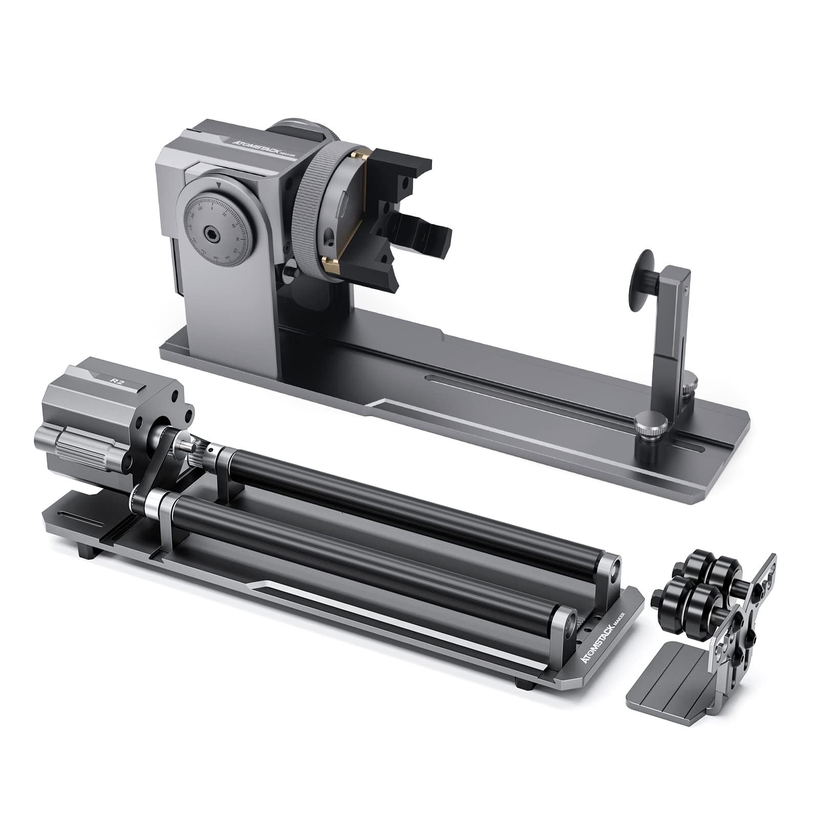 خرید از آمازون - چاک روتاری لیزری Atomstack Maker R1 Pro برای حکاکی لیزری، چرخش غلتکی لیزری 4 در 1، برای حکاکی حلقه ها، اجسام کروی، فنجان های دسته دار یا اجسام نامنظم