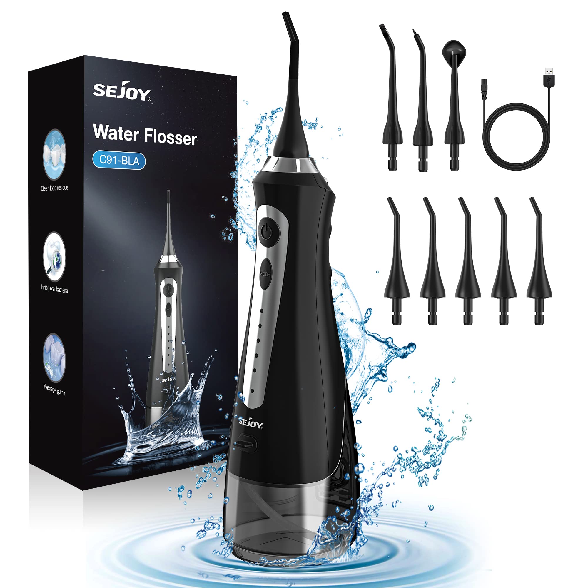 خرید از آمازون - سیجوی Oral Irrigator Wireless Electric, Oral Irrigator Dental, Teeth Cleaning for Dental Clean, 8 نازل تعویضی 5 حالته, IPX7 ضد آب 230ml, شارژی USB, Flosser آب برای سفر مشکی بدون پایه