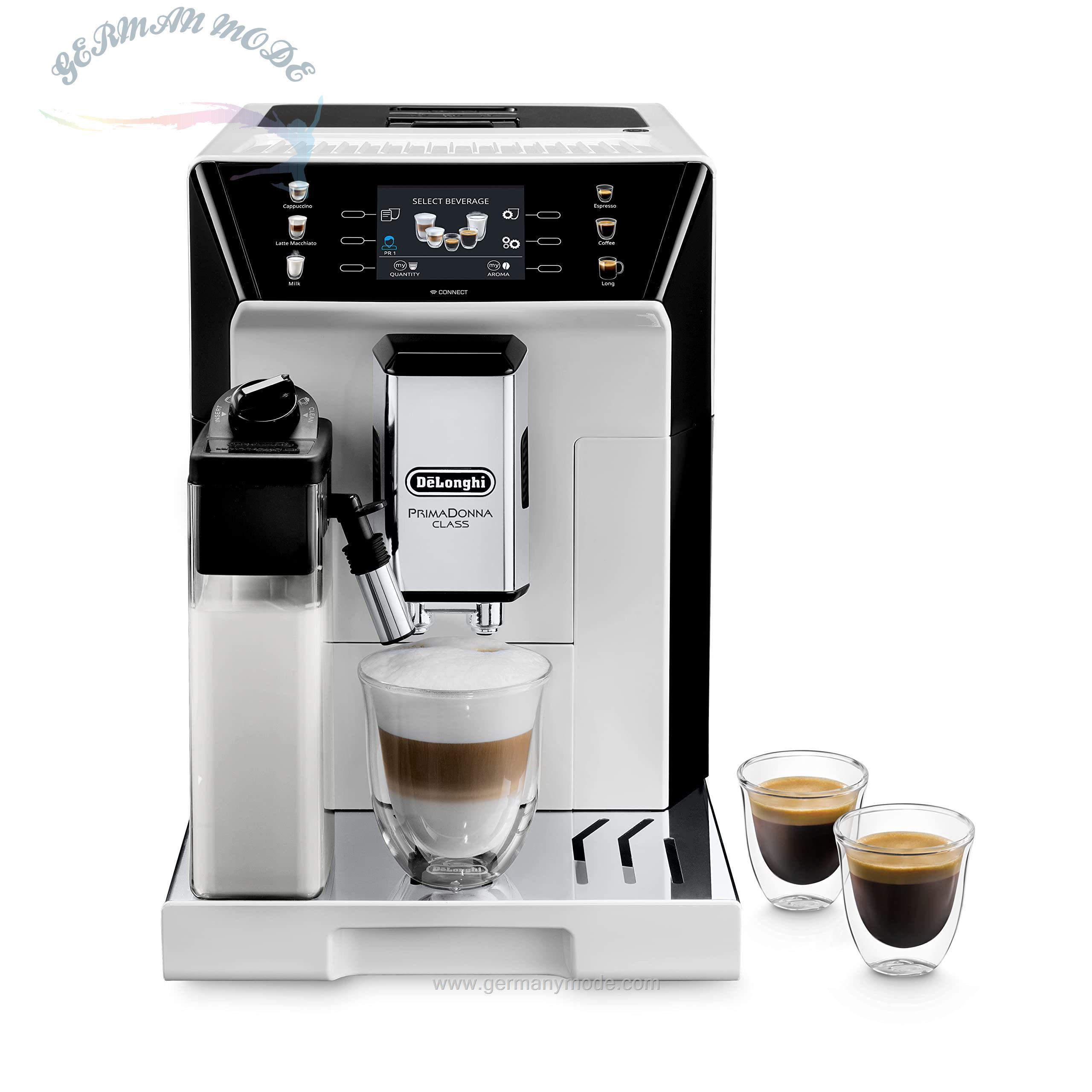 اسپرسو ساز قهوه ساز تمام اتوماتیک دلونگی ایتالیا DeLonghi PrimaDonna ECAM 550.65.W با سیستم شیر LatteCrema، کاپوچینو و اسپرسو با لمس یک دکمه، صفحه نمایش رنگی TFT 3.5 اینچی و کنترل برنامه، سفید