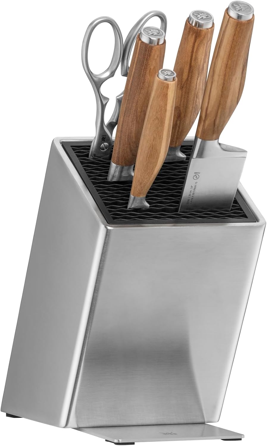 ست چاقو 6 پارچه وی ام اف آلمان WMF Grand Gourmet با ست چاقو 6 تکه، دسته چوبی چاقو، ساخت آلمان، 4 عدد چاقو فورج، دسته چوب زیتون، چاقو آهنگری، قیچی، بلوک چاقوی FlexTec ساخته شده از فولاد ضد زنگ