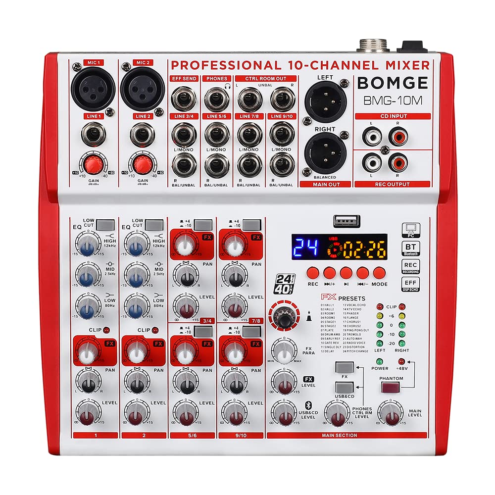 خرید از آمازون - میکسر Soundboard ورودی BOMGE 10 با پیش تقویت کننده میکروفون و کمپرسور، 24DSP، بلوتوث، منبع تغذیه 48 ولت، EQ بریتانیا و رابط USB/Audio برای ضبط، کارائوکه و کانال پادکست 10M-10