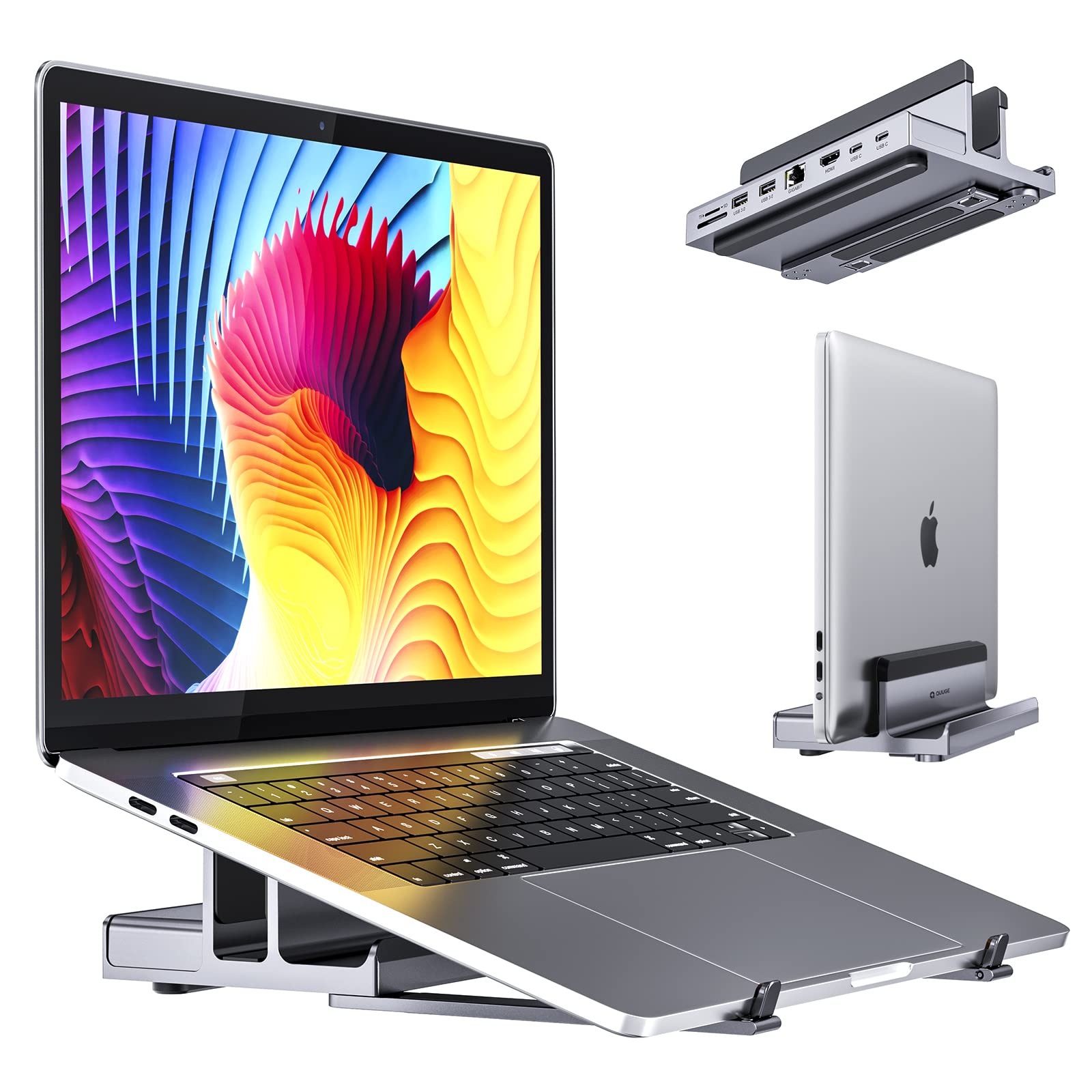 خرید از آمازون - ایستگاه اتصال USB-C با پایه لپ تاپ، هاب QUUGE 8 در 1 USB C آلومینیومی، 4K@60Hz HDMI، آداپتور شبکه گیگابیتی، 2 USB-A انتقال داده 5 گیگابیت در ثانیه، PD 100W، TF/SD 3.0، برای MacBook Pro/Air Dell HP