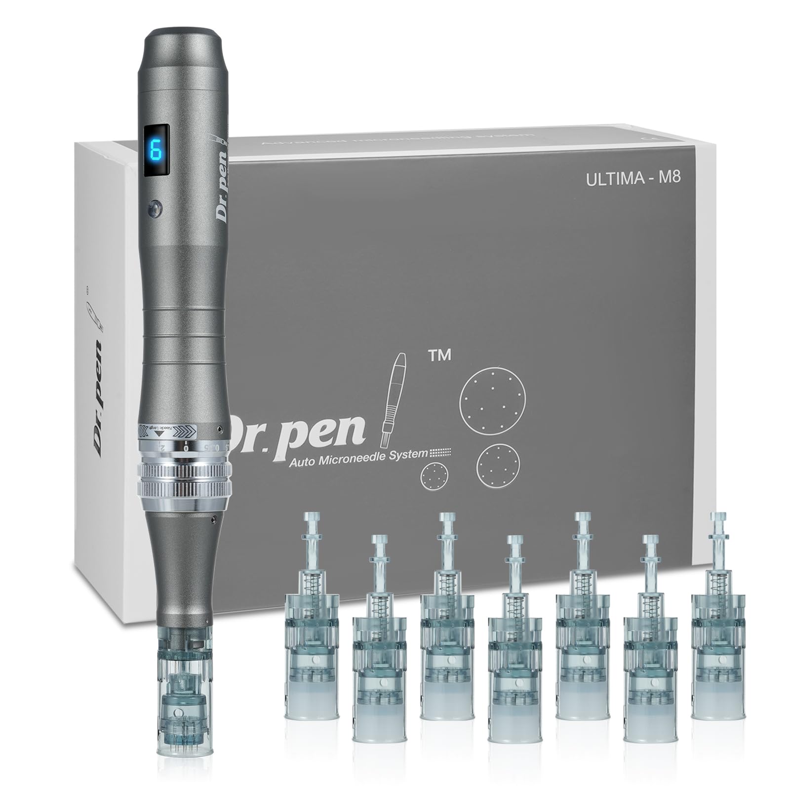 خرید از آمازون - دکتر. قلم Ultima M8 Microneedling - دستگاه میکرونیدلینگ الکتریکی حرفه ای برای رشد صورت، بدن و مو/ریش - شامل 8 کارتریج (11/16/24/36/42 پین، Nano-R، Nano-S، Nano-5D)
