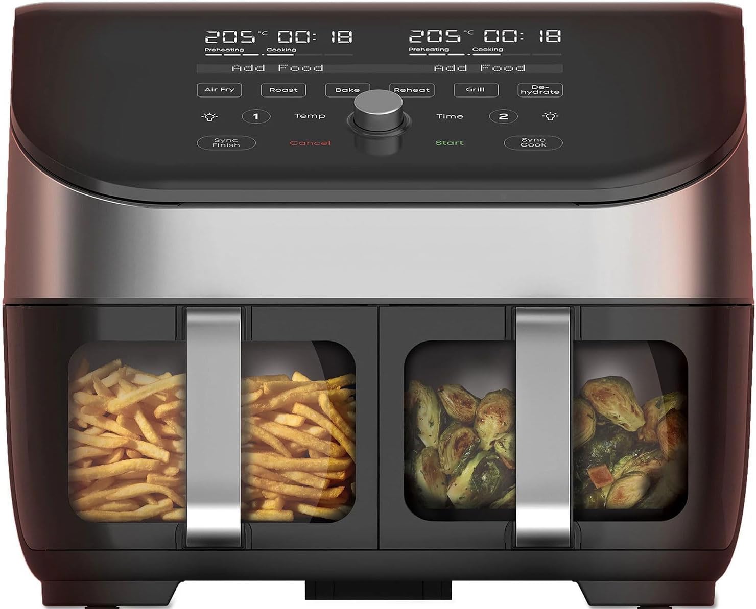 خرید از آمازون - سرخ کن دوگانه هوای فوری Vortex Plus با کشوهای دوتایی بزرگ و 8 برنامه هوشمند - پخت، برشته کردن، گریل، آبگیری، گرم کردن مجدد، ظرفیت XL - SyncCook & SyncFinish - Stainless-1700W XL Dual Basket (Stainless, 7.6L)