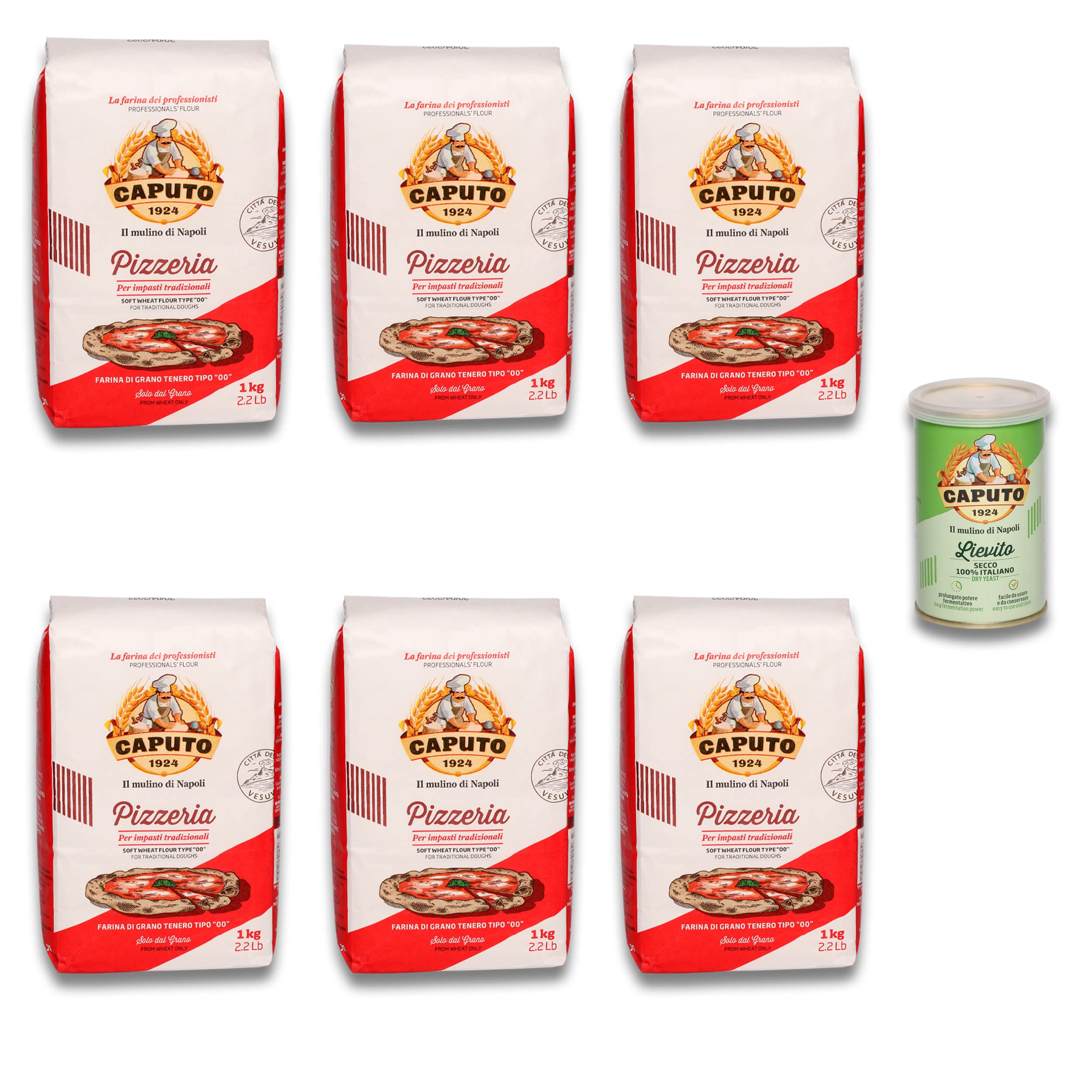 خرید از آمازون - DELICRET - 6x 1kg پیتزا فروشی آرد Caputo [آرد پیتزا نوع 00] + 1x 100g مخمر خشک Caputo Lievito | آرد نوک تیز از پیتزا فروشی ناپل + مخمر