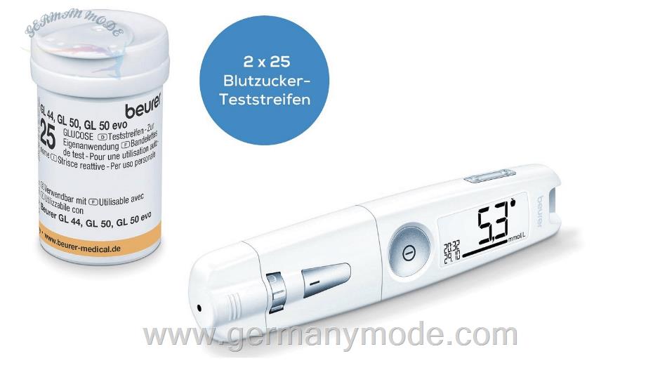 دستگاه و نوار تست قند خون بیورر آلمان Beurer GL50 Blutzuckermessgerät Weiß mg/dl + 50 Teststreifen