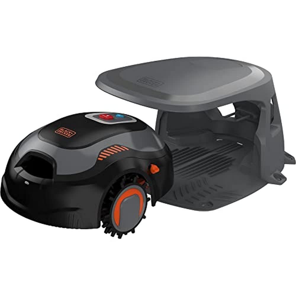 چمن زن رباتیک بلک اند دکر آمریکا Black+Decker BCRMW123 (چمن زنی جمع و جور با باتری برای چمن زنی تا 700 متر مربع، عرض برش 18 سانتی متر، ارتفاع برش 15-60 میلی متر، شیب تا 30 درصد، با کنترل بلوتوث از طریق برنامه، حفاظت ضد سرقت) BCRMW123-QW سیاه و سفید/QW