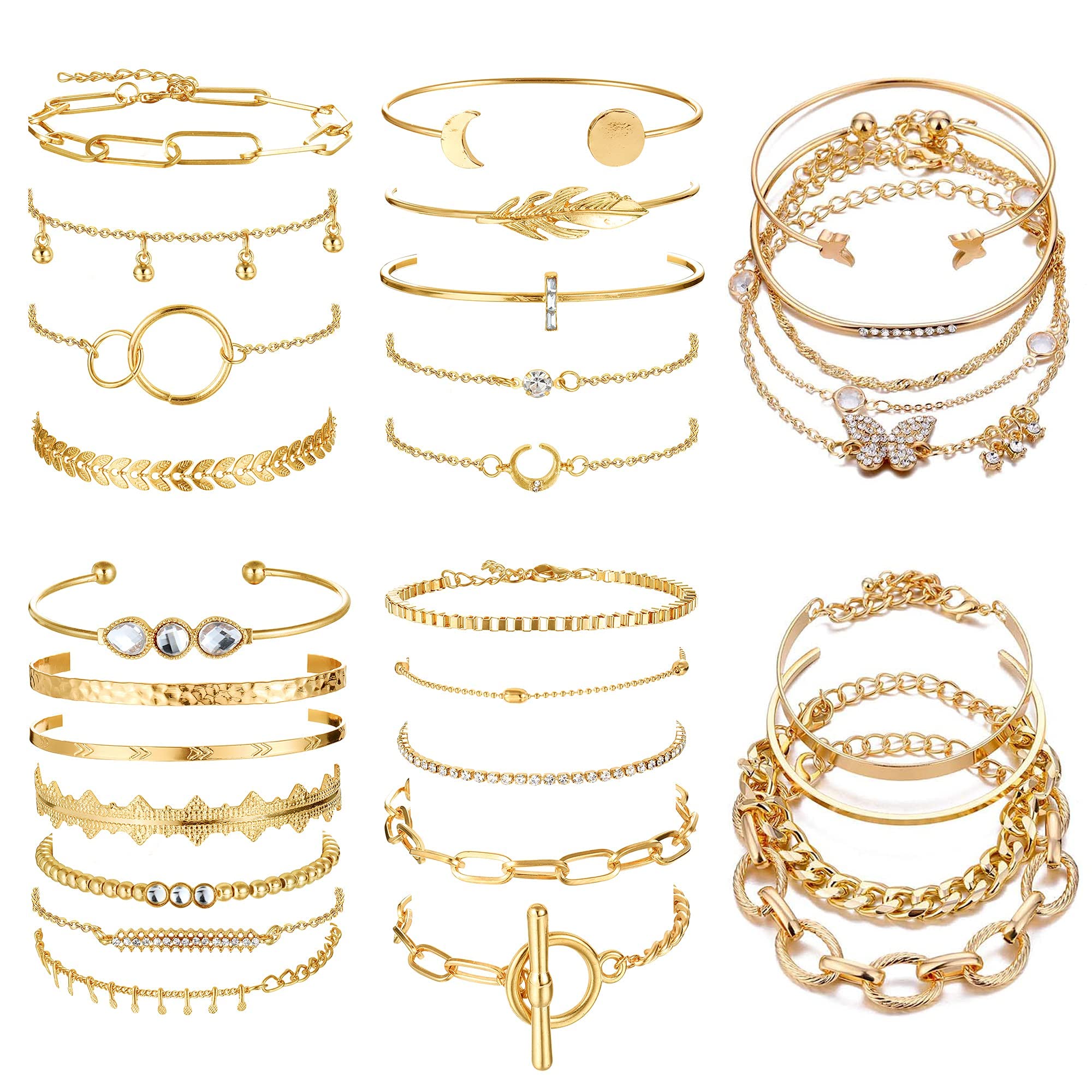 خرید از آمازون - Morfetto 30-35 Pcs Boho Gold Chain Bracelets Set for Women Multiple Layered Stackable Open Cuff Wrap Bangle Adjustable Fashion Paperclip Link Italian Cuban Jewelry for Women Gift 6 PACK