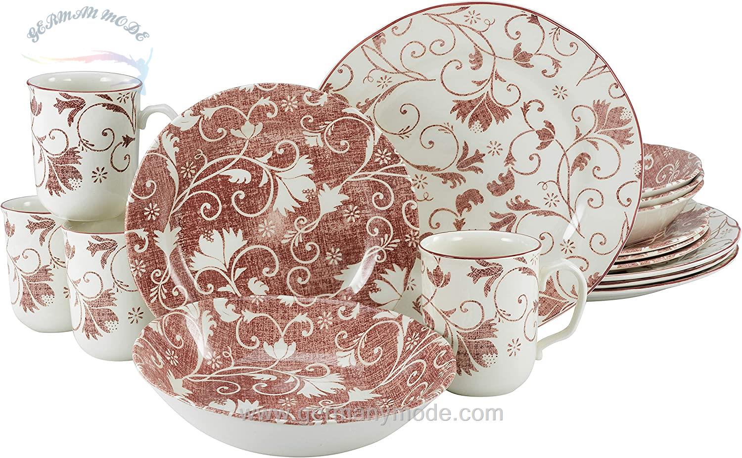 سرویس غذاخوری سفالی 16 پارچه 4 نفره کراتیبل CreaTable Kombiservice Damask 16-tlg.Red -weiß