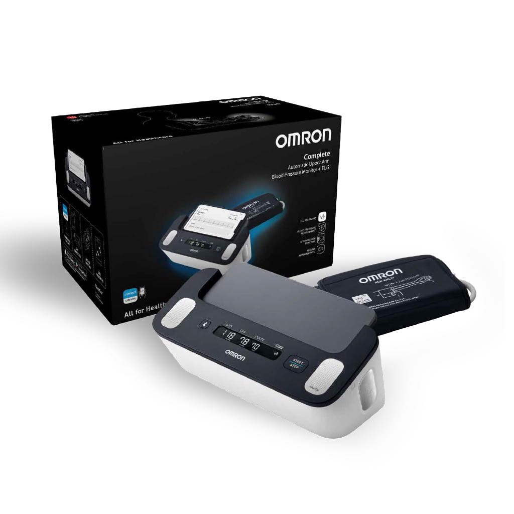 فشارسنج بازویی هوشمند OMRON Complete با عملکرد ECG برای اندازه‌گیری فشار خون و غربالگری فیبریلاسیون دهلیزی (AFib) در خانه | 22-42 سانتی‌متر | دارای تاییدیه بالینی | دارای اپلیکیشن گوشی هوشمند
