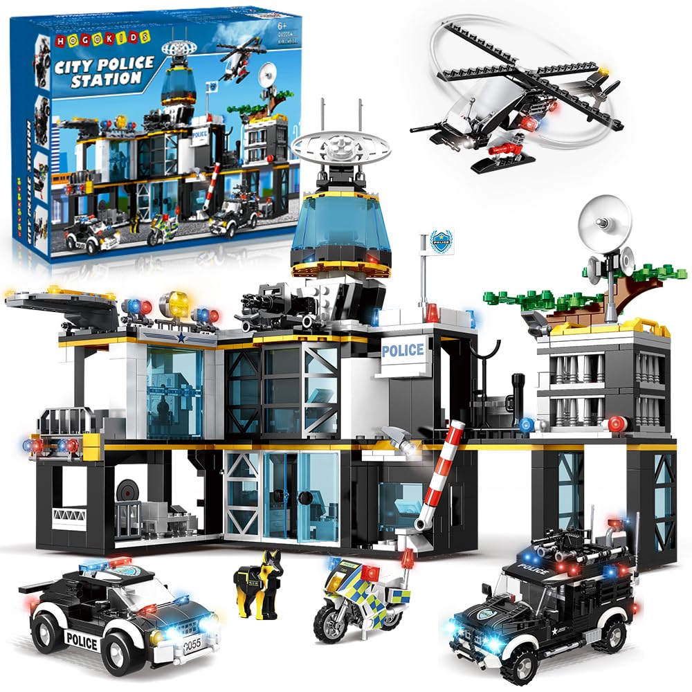 خرید از آمازون - HOGOKIDS City Station Police Building Blocks Toy with Helicopter Motorcycle and Police Car - مجموعه اسباب بازی ساختمان پلیس 1261 قطعه، هدیه STEM برای کودکان پسران دختر 8 9 10 11 12+