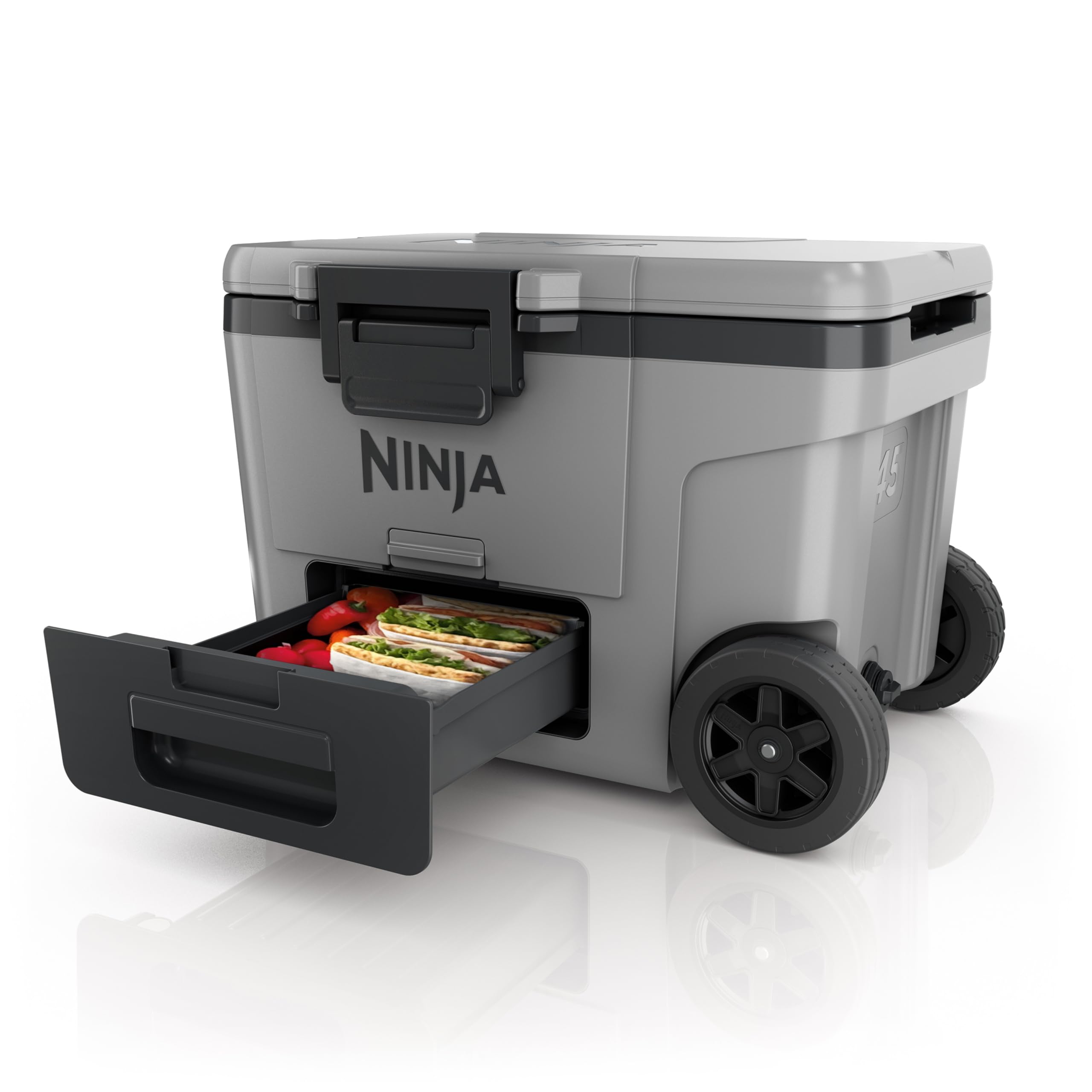 یخدان چرخدار عایق‌دار Ninja FrostVault با کشوی یکپارچه مخصوص دمای یخچال و فریزر، قابلیت نگهداری یخ برای چند روز، گنجایش تا ۶۸ قوطی، خاکستری تخته سنگی، FB245EUGY