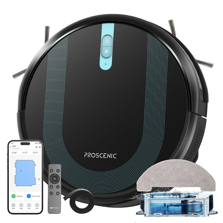 جارو رباتیک ربات جاربرقی Proscenic 850T با عملکرد پاک کردن، ربات جاروبرقی 3000Pa ربات پاک کننده، Alexa & Google Home & App & Siri، برای موهای حیوانات خانگی/فرش/زمین های سخت، مشکی L مشکی