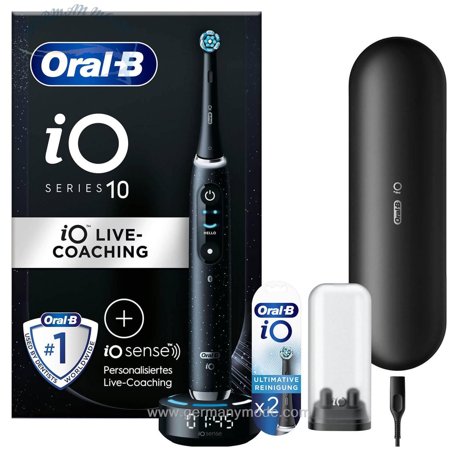 مسواک برقی اورال بی آمریکا Oral-B iO Series 10 Elektrische Zahnbürste, Lade-Reiseetui, Cosmic Black Aufsteckbürsten iO Sanfte Reinigung BLACK 2er