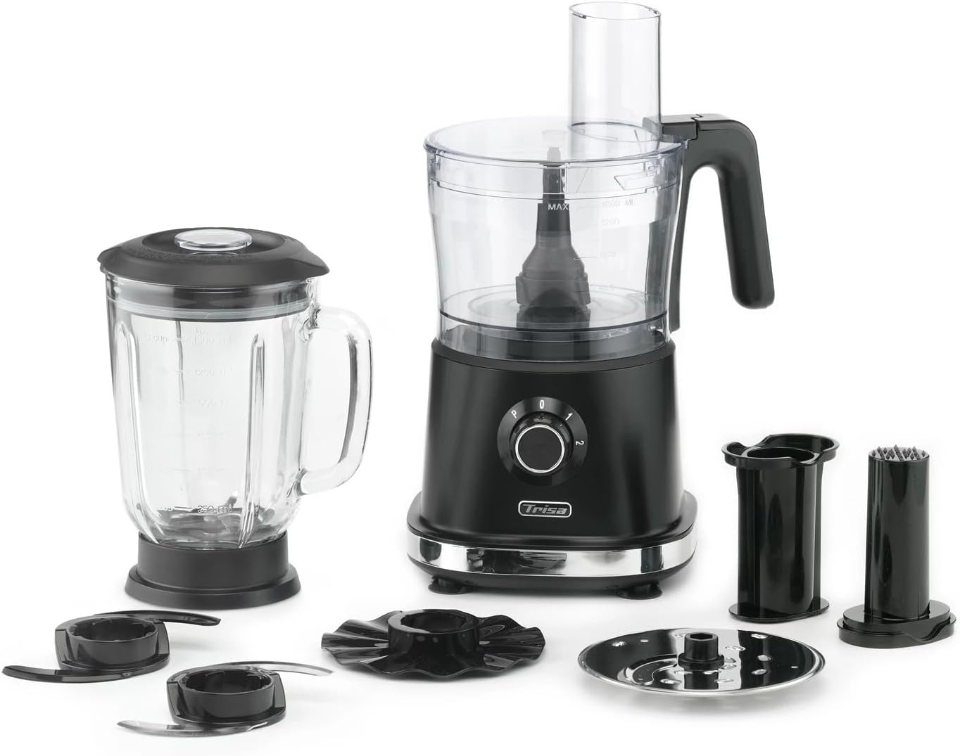 غذا ساز حرفه ای تریزا سوئیس مدل Trisa Standmixer Stir n Slice ظرف شیشه‌ای ۱.۵ لیتری، ۲ سرعته و عملکرد پالس، تیغه‌های استیل ضد زنگ، همزن چند منظوره برای خرد کردن، رنده کردن و ورقه کردن