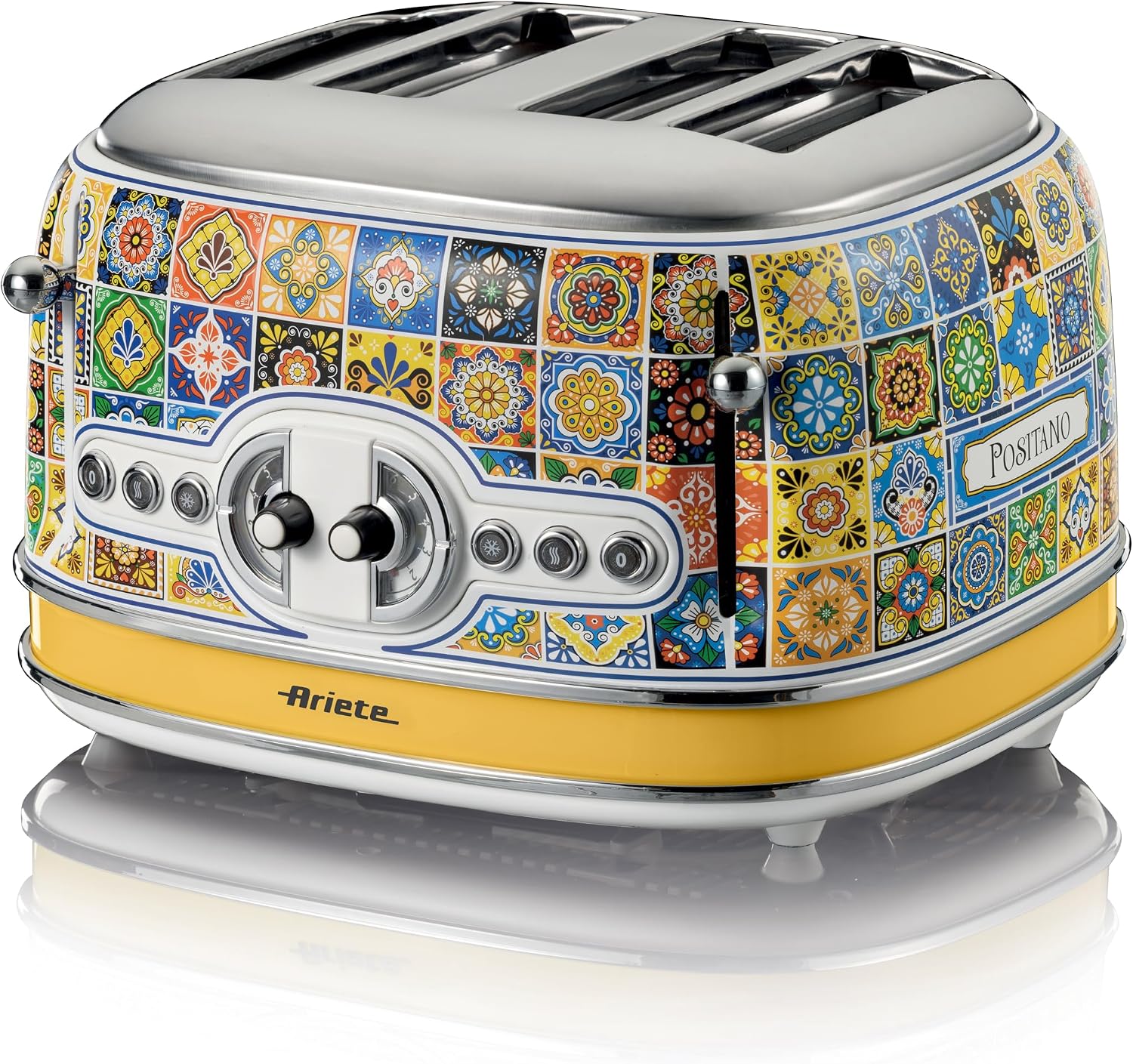 توستر 4 اسلایس با طراحی آریته ایتالیا Ariete Toaster 156 Positano، طراحی مدیترانه ای، 4 اسلات با کنترل های جداگانه، 6 سطح قهوه ای شدن ، سینی خرده نان، 1630 وات