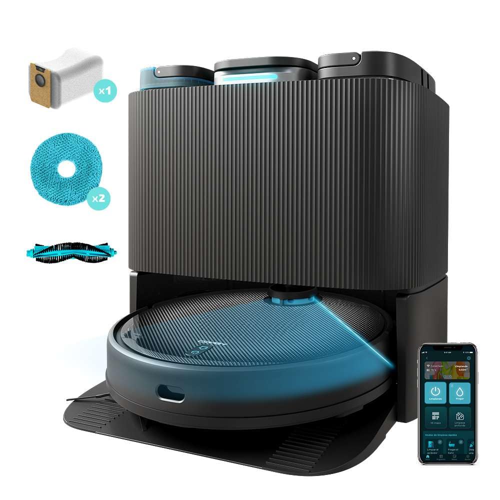 جارو رباتیک Cecotec با پایه خود خالی شونده و دستمال مرطوب چرخشی Conga 11090 Spin Revolution Home&Wash T. تکنولوژی لیزر، موتور مکش 5000Pa، برس چند منظوره، برس جانبی، برنامه.