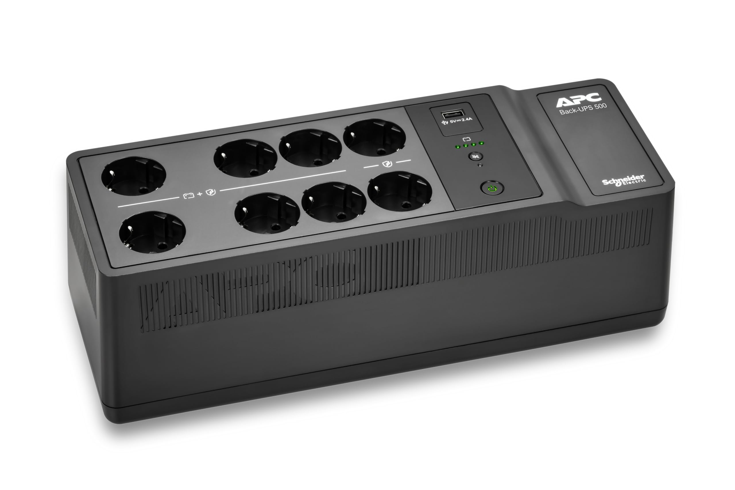 یو پی اس APC برای خانه، باتری پشتیبان یو پی اس ۵۰۰ ولت آمپر با AVR، ۸ پریز CEE 7/3 Schuko(1) پورت شارژ USB، منبع تغذیه بدون وقفه Back-UPS BE500G2-GR 500VA/300 Watt