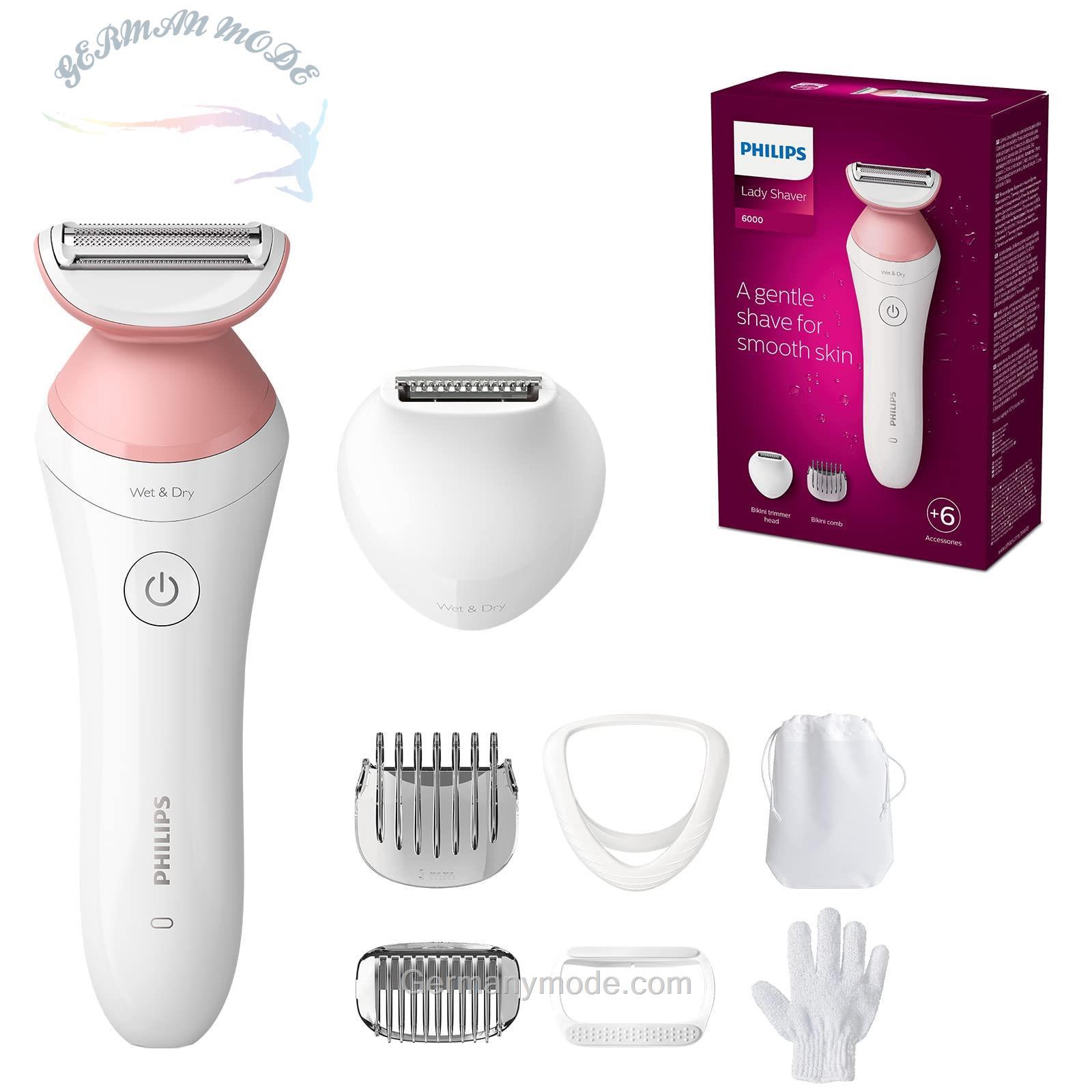اپیلاتور فیلیپس هلند Philips Lady Shaver Series 6000 BRL146/00،مو تراش بی سیم با 6 لوازم جانبی، دستکش لایه بردار بدن، موبر برای ناحیه بیکینی