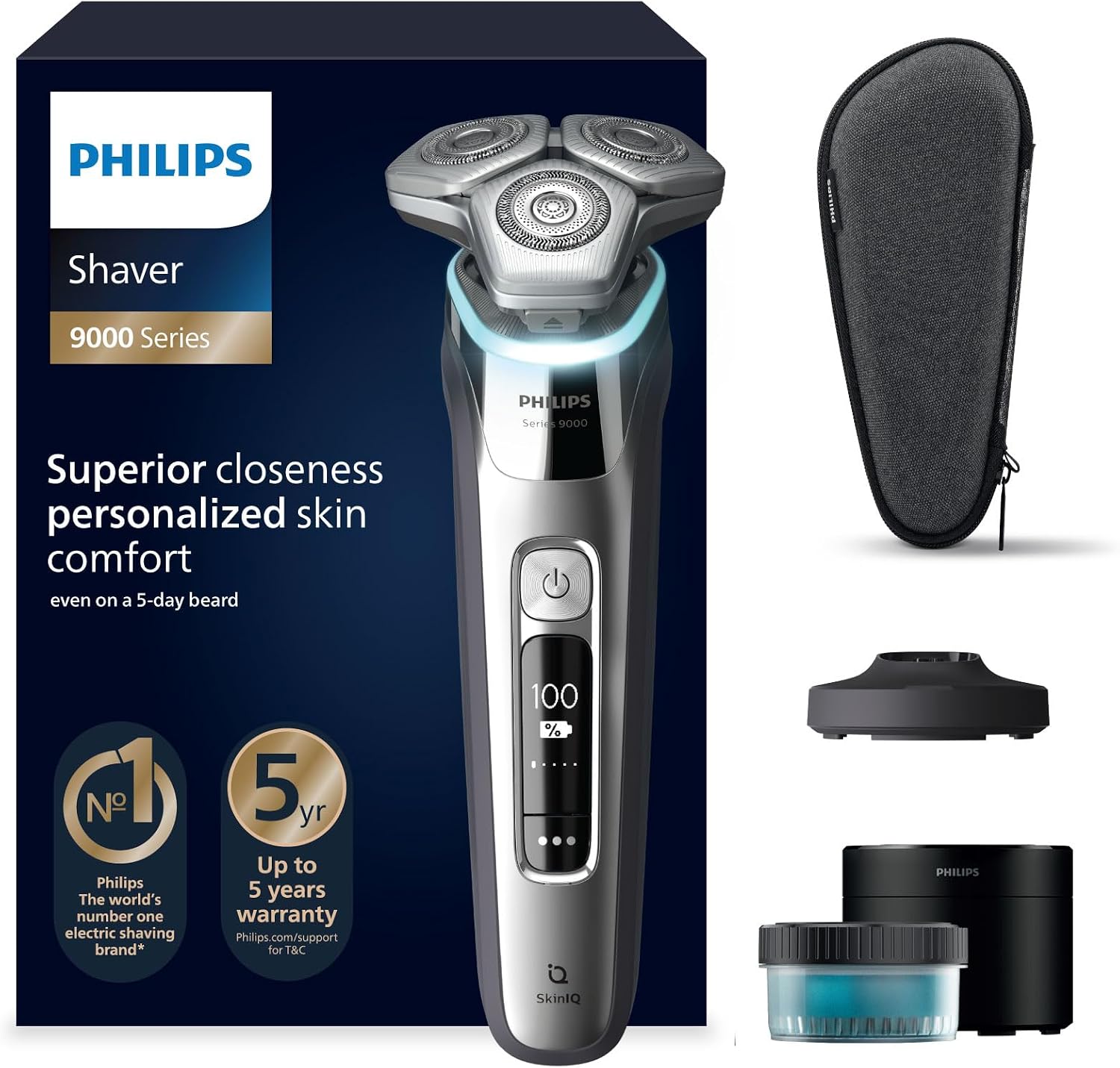 ریش تراش فیلیپس S9975/54 S9000، ریش تراش برقی، سیستم اصلاح لیفت و برش و فناوری SkinIQ، ماشین اصلاح تاشو، ایستگاه تمیز کردن، ایستگاه شارژ، کیف مسافرتی، نقره کروم، ایستگاه تمیز کردن،ایستگاه شارژ و کیف مسافرتی