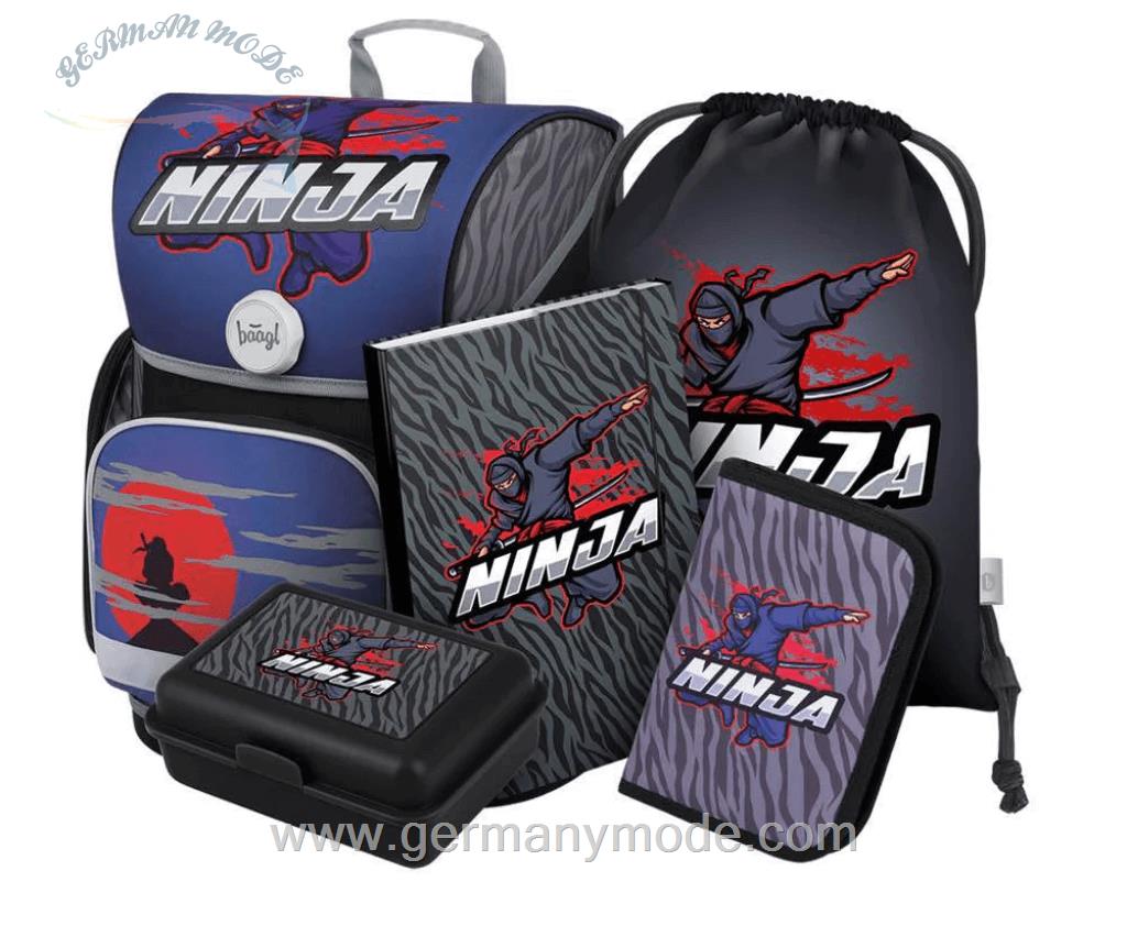 ست 5 تایی کوله پشتی مدرسه کوله ورزش جامدادی دفتر ظرف اسنک پسرانه بگل Baagl Ergo Ninja Schulranzen Set 5tlg Schulranzen Federmäppchen Turnbeutel Heftmappe Brotdose