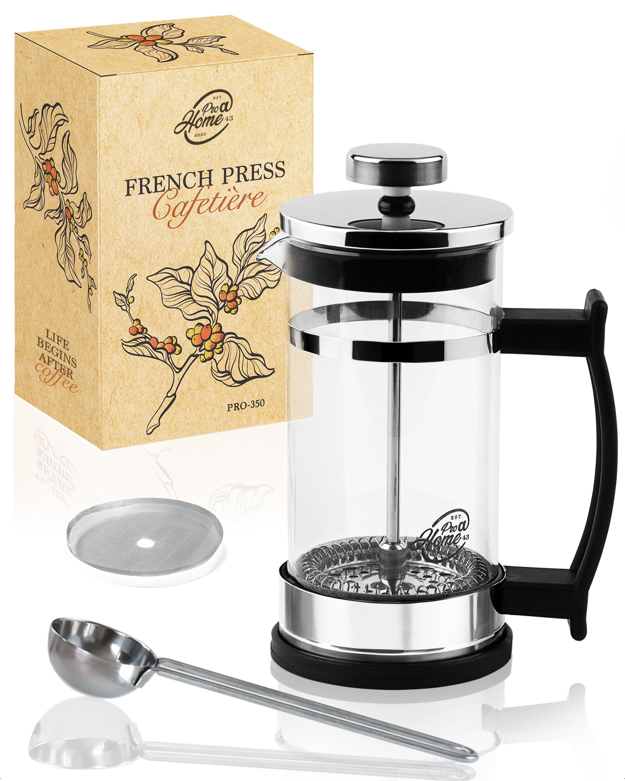 قهوه ساز چای ساز فرنچ پرس Pro Home43 فرنچ پرس 0.35 لیتری برای 2 فنجان (همچنین 0.6 لیتر)، قهوه ساز شیشه ای، چای و قهوه ساز کوچک، شامل. 1 عدد فیلتر جایگزین، 1 عدد قاشق قهوه استیل و جعبه هدیه