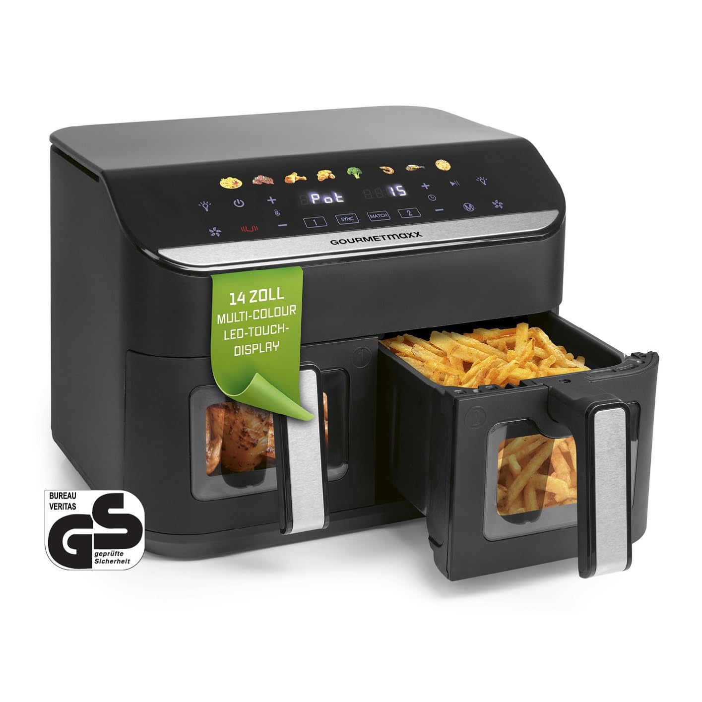 سرخ کن هوای گرم گورمت‌ مکس آلمان GOURMETmaxx AirGenius، 9 لیتر - 2 عدد سرخ کن 4.5 لیتری | سرخ کن عمیق با 8 برنامه | سرخ کن هوای گرم با 2 محفظه - 2 وعده غذایی را به طور همزمان، برای حداکثر 8 نفر، طبخ می کند | صفحه لمسی چند رنگ، 9 لیتر