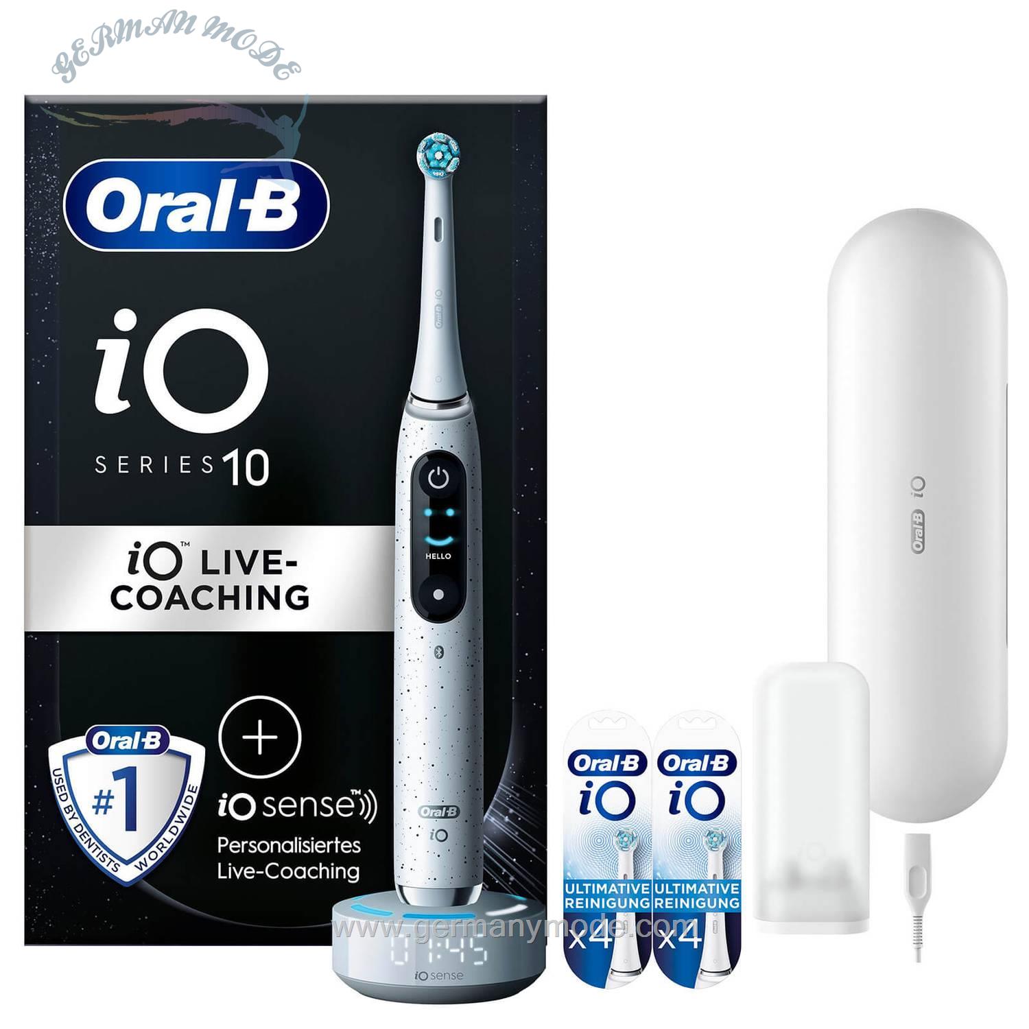 مسواک برقی اورال بی آمریکا Oral-B iO Series 10 Elektrische Zahnbürste, Lade-Reiseetui, Stardust White Aufsteckbürsten iO Strahlendes Weiß, 2*4 Stück