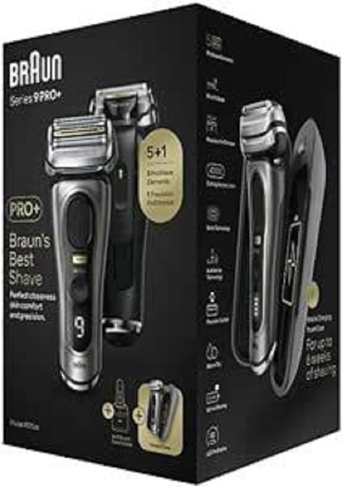 خرید از آمازون - Braun Series 9 PRO+ 9575cc، ریش تراش برقی مردانه، 5 عنصر اصلاح، قیچی دقیق یکپارچه، SmartCare Station، PowerCase، عمر باتری 60 دقیقه، ساخت آلمان، گرافیت